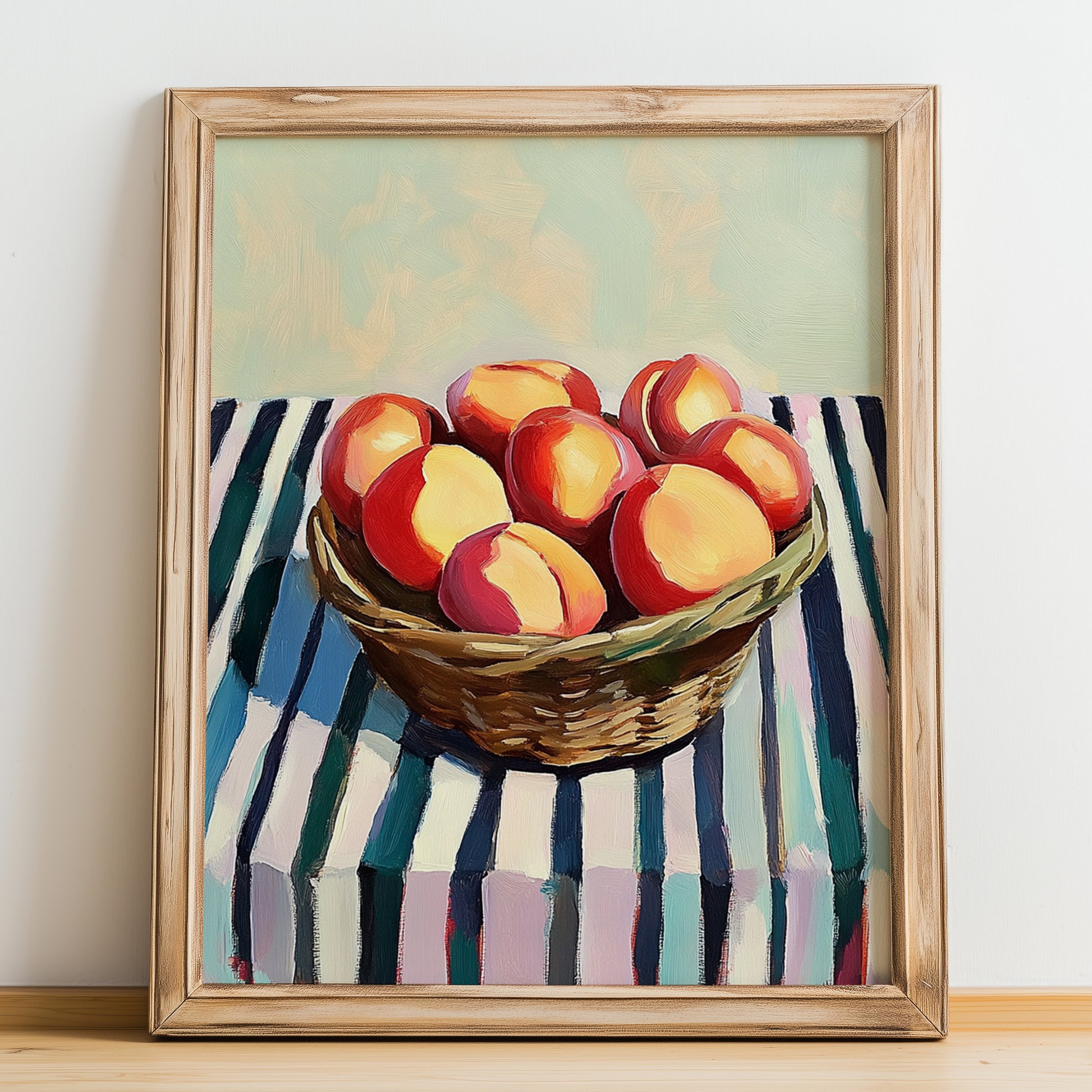 Nectarine – on Striped Tablecloth, Fruit Illustration, no-text version framed in wood