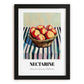 Nectarine – on Striped Tablecloth, Fruit Illustration, in sleek black frame