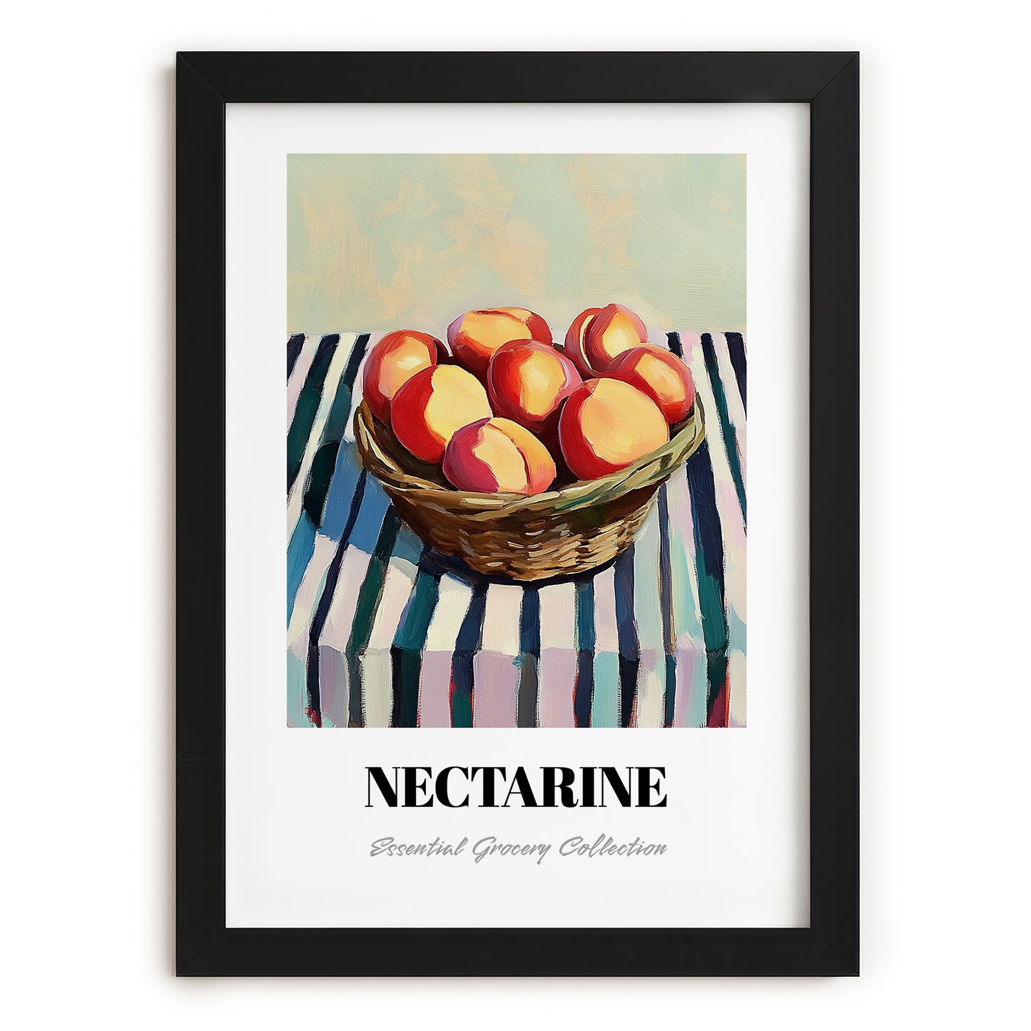 Nectarine – on Striped Tablecloth, Fruit Illustration, in sleek black frame