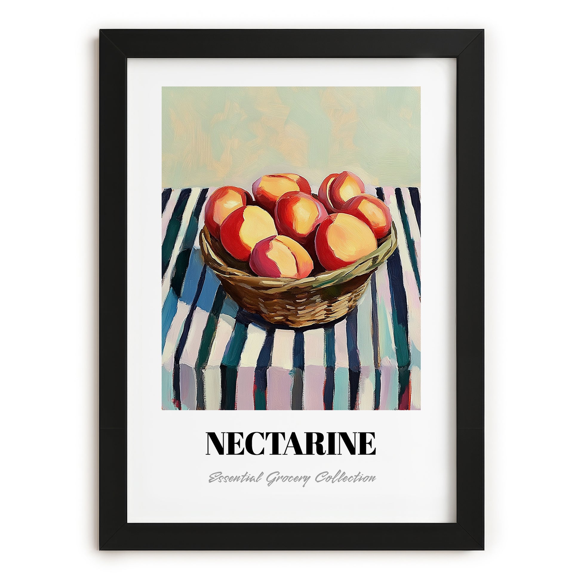 Nectarine – on Striped Tablecloth, Fruit Illustration, in sleek black frame