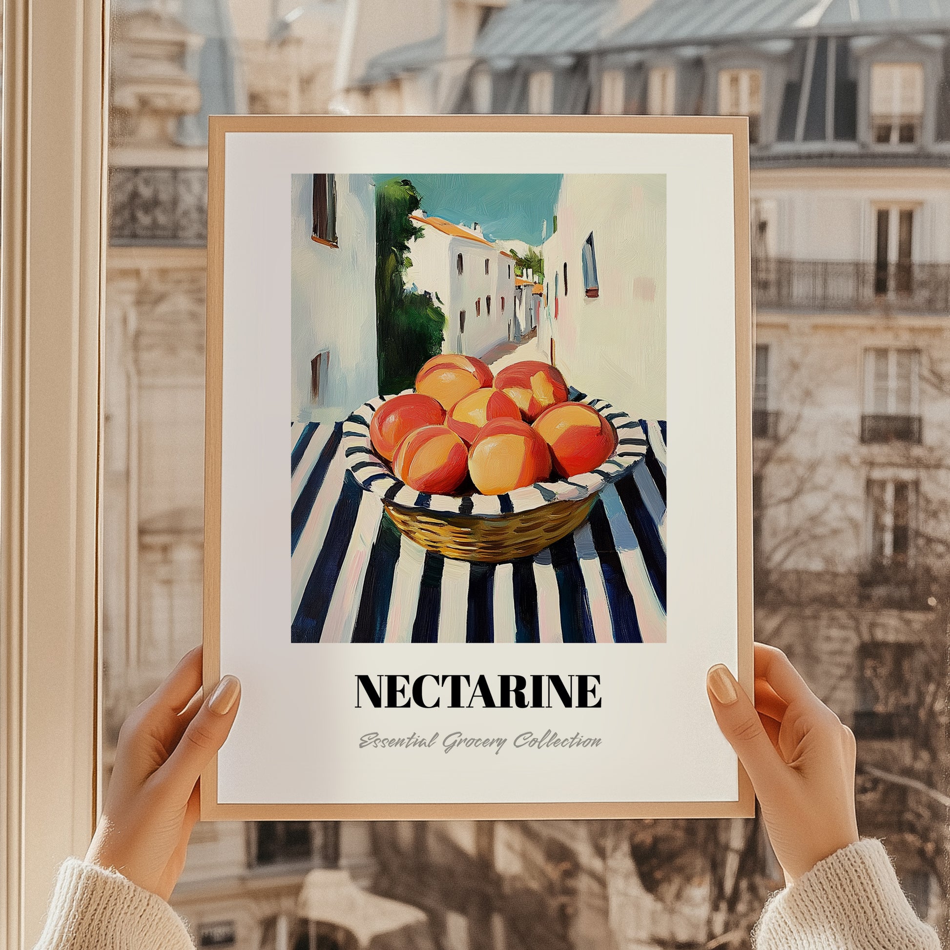 Nectarine – White village Urban Café Scene, Fruit Still Life, styled in a charming Paris street view