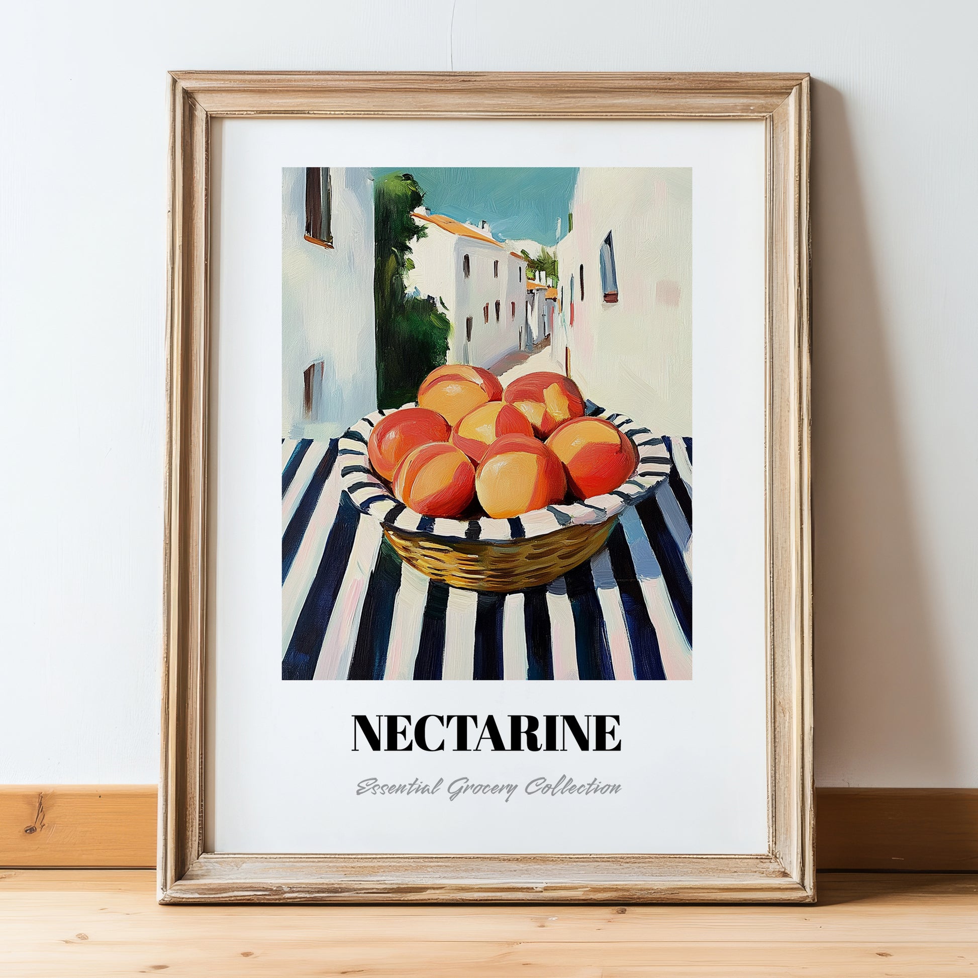 Nectarine – White village Urban Café Scene, Fruit Still Life, in wooden frame leaning on the floor