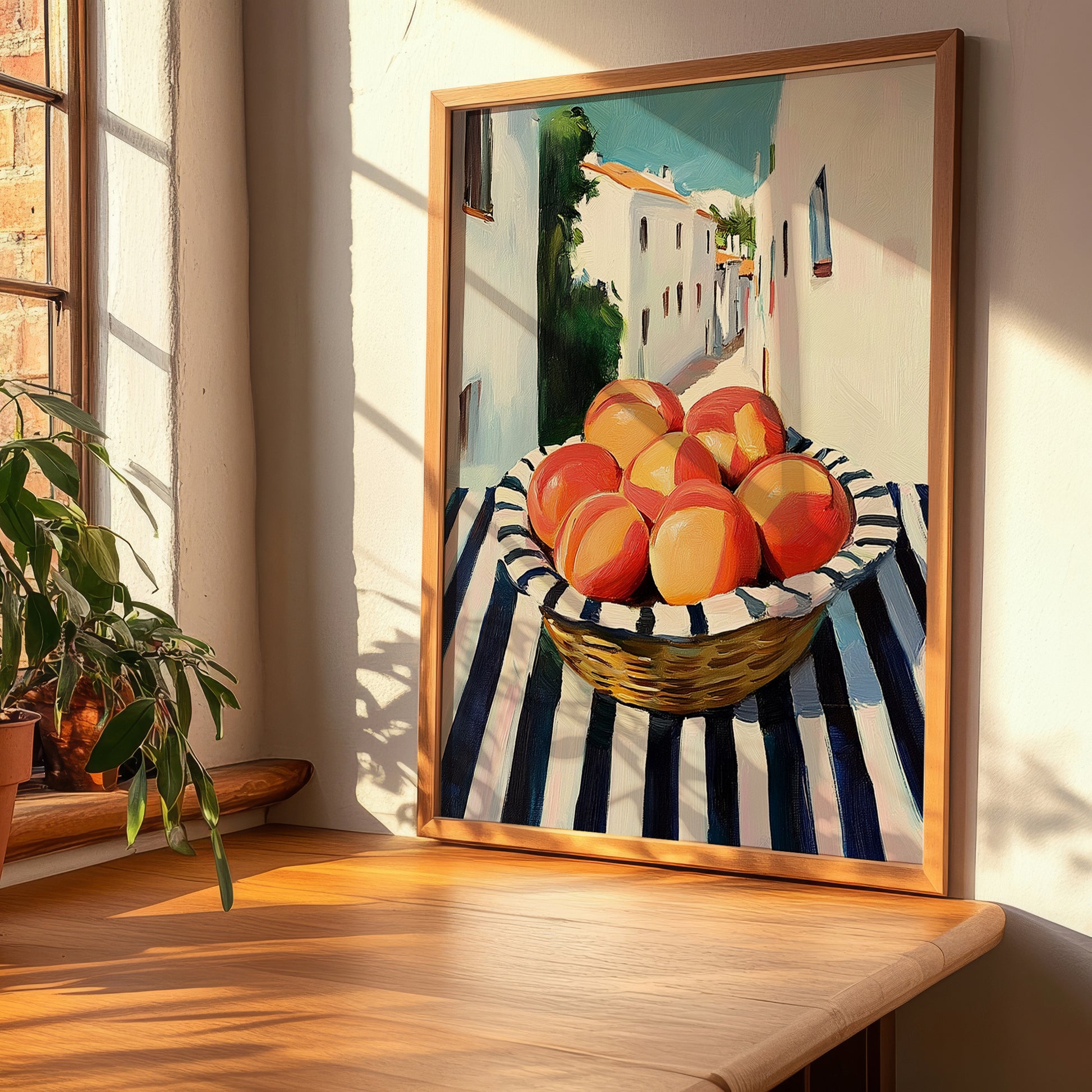 Nectarine – White village Urban Café Scene, Fruit Still Life, clean layout with no caption