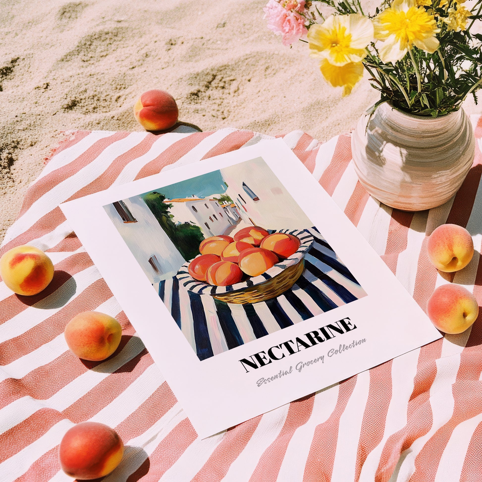 Nectarine – White village Urban Café Scene, Fruit Still Life, unframed on coastal sand
