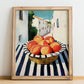 Nectarine – White village Urban Café Scene, Fruit Still Life, no-text version framed in wood