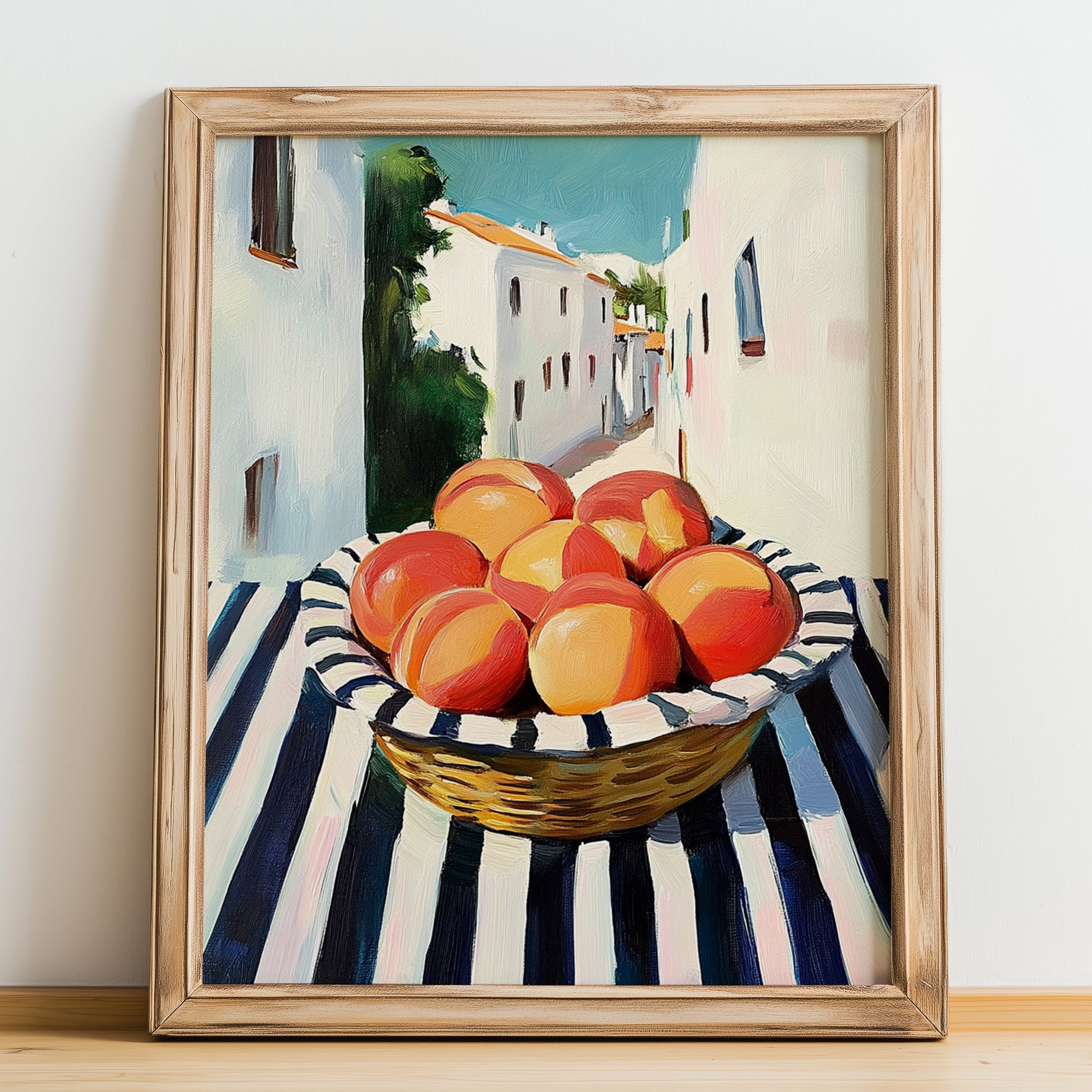 Nectarine – White village Urban Café Scene, Fruit Still Life, no-text version framed in wood