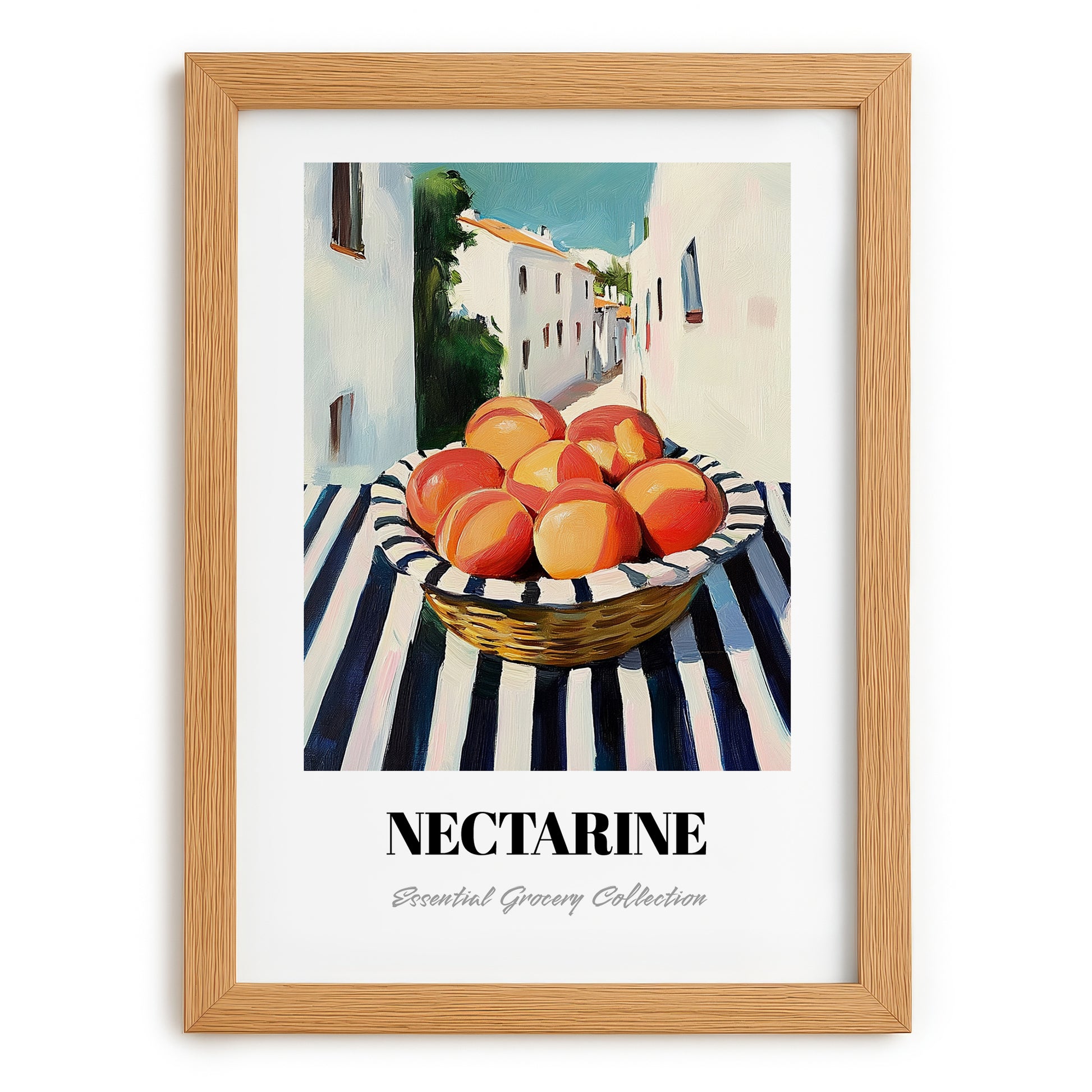 Nectarine – White village Urban Café Scene, Fruit Still Life, set in oak frame