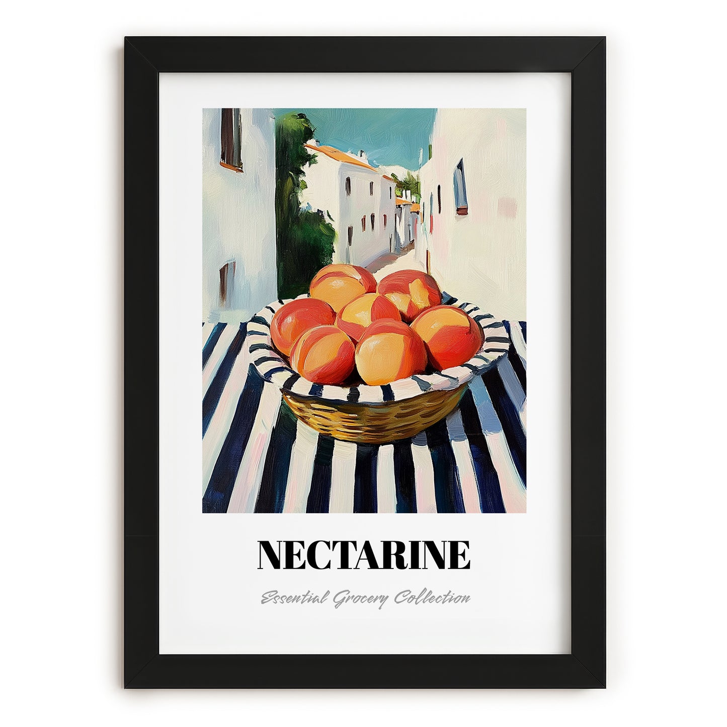 Nectarine – White village Urban Café Scene, Fruit Still Life, in sleek black frame