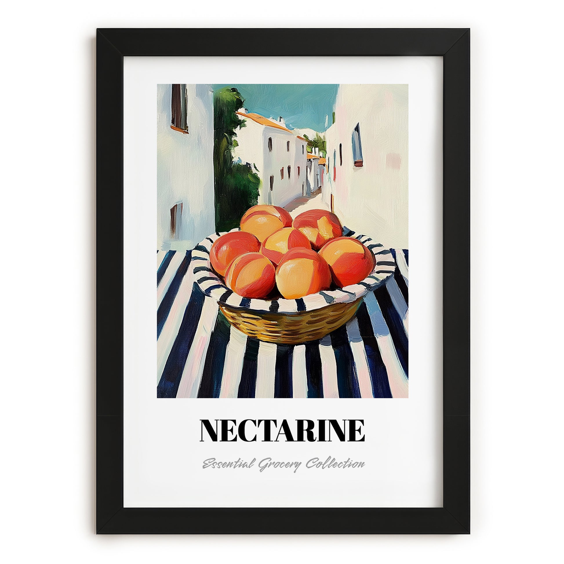 Nectarine – White village Urban Café Scene, Fruit Still Life, in sleek black frame