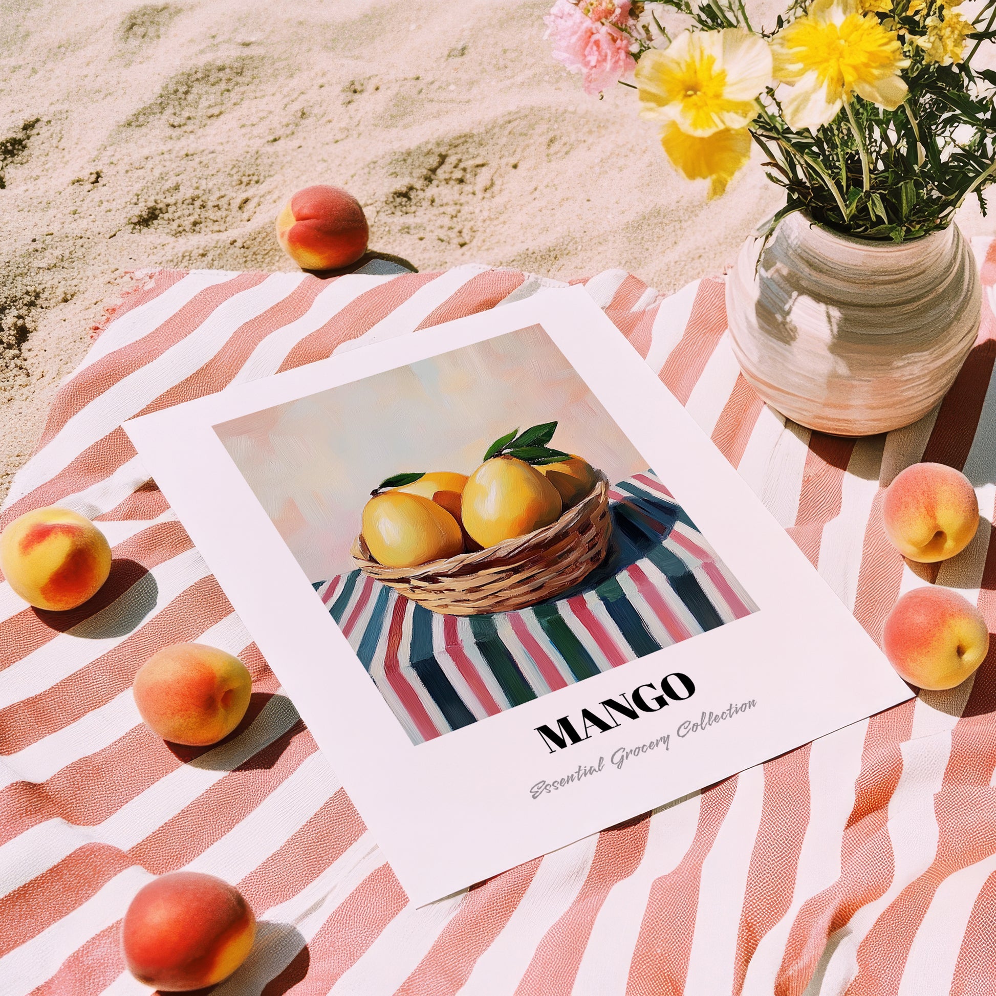 Mango – on Striped Tablecloth, Fruit Painting, unframed on coastal sand
