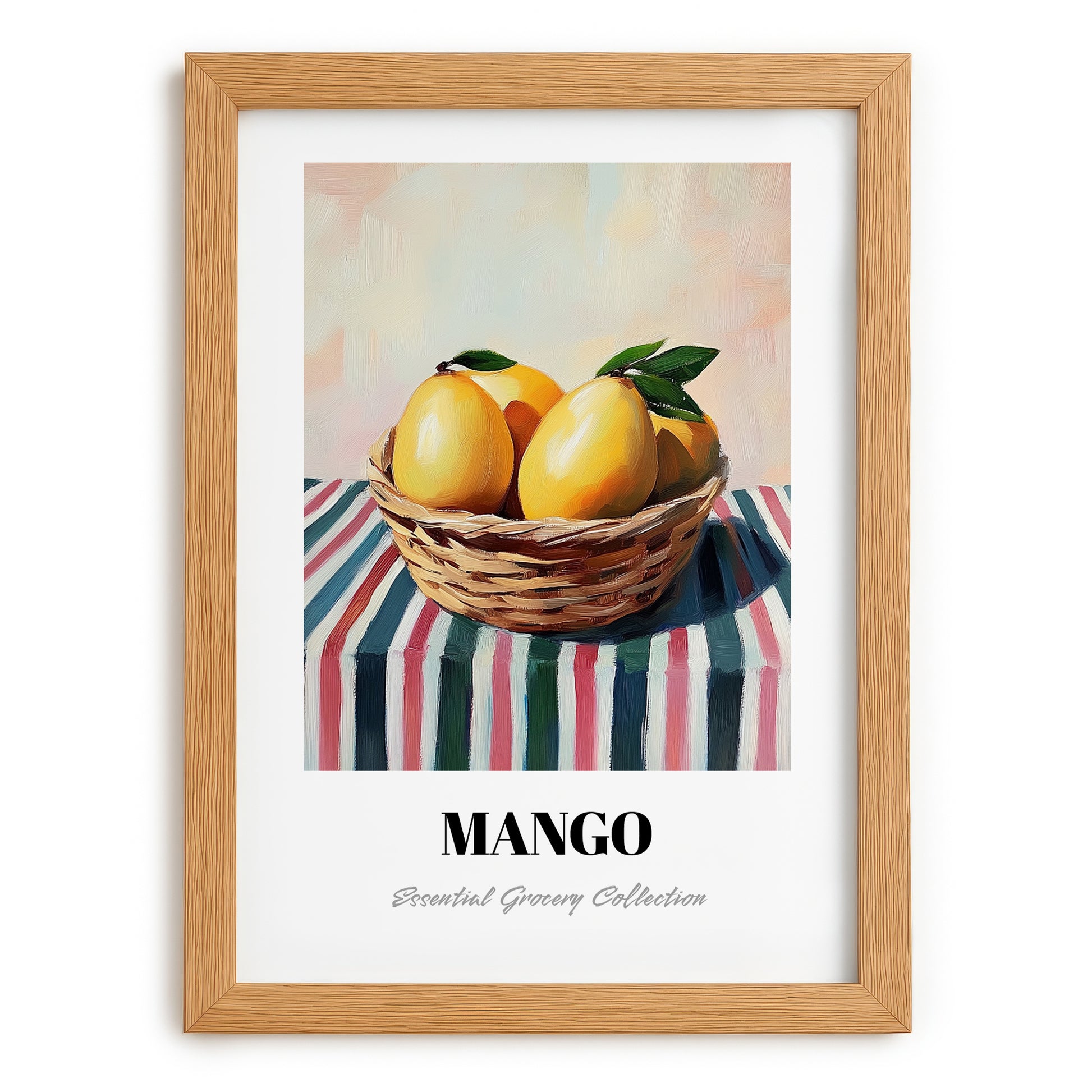 Mango – on Striped Tablecloth, Fruit Painting, set in oak frame