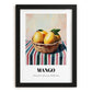 Mango – on Striped Tablecloth, Fruit Painting, in sleek black frame