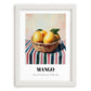 Mango – on Striped Tablecloth, Fruit Painting, placed in minimal white frame