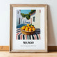Mango – White village Café on the Corner, Fruit Print, in wooden frame leaning on the floor