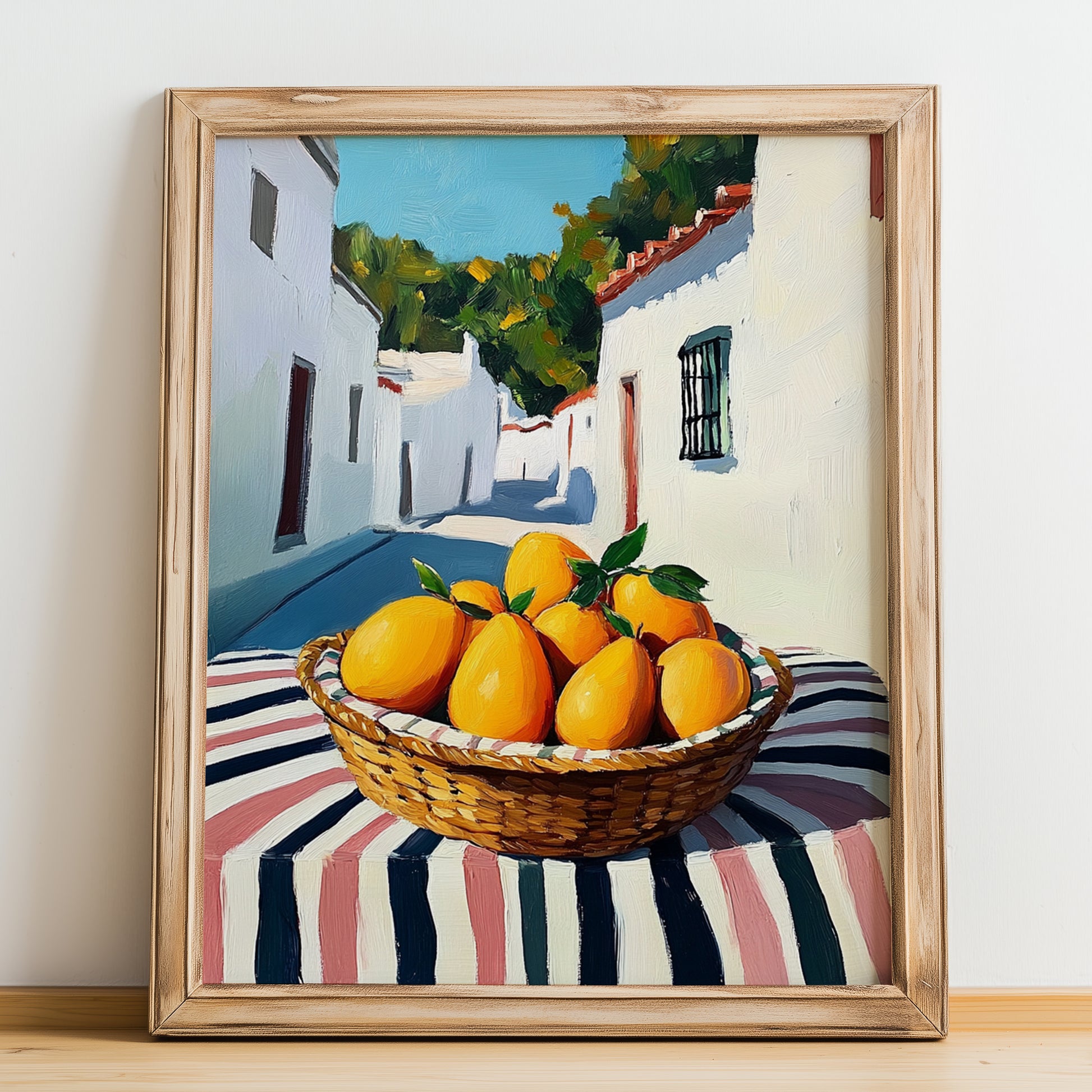 Mango – White village Café on the Corner, Fruit Print, no-text version framed in wood
