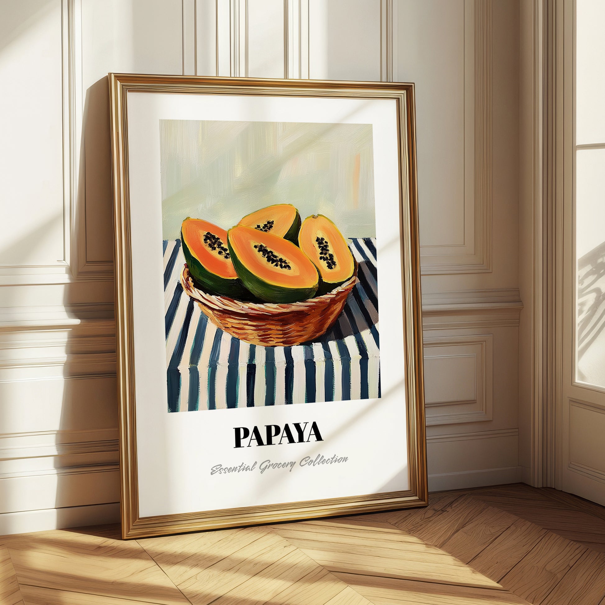 Papaya – on Striped Tablecloth, Fruit Still Life