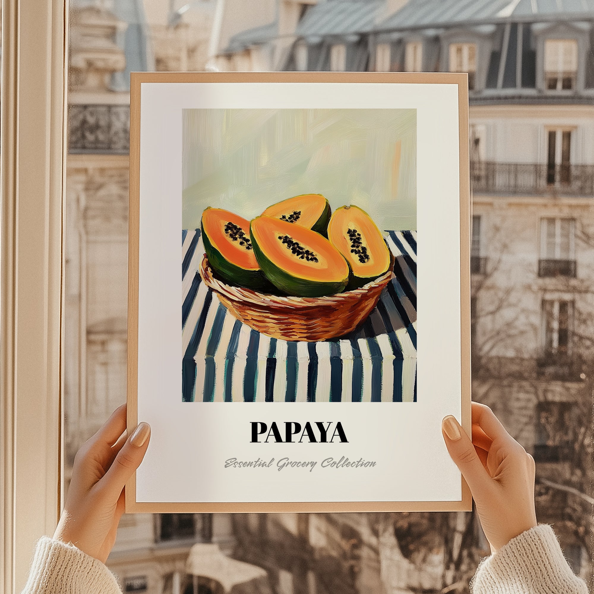 Papaya – on Striped Tablecloth, Fruit Still Life, styled in a charming Paris street view