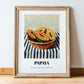 Papaya – on Striped Tablecloth, Fruit Still Life, in wooden frame leaning on the floor