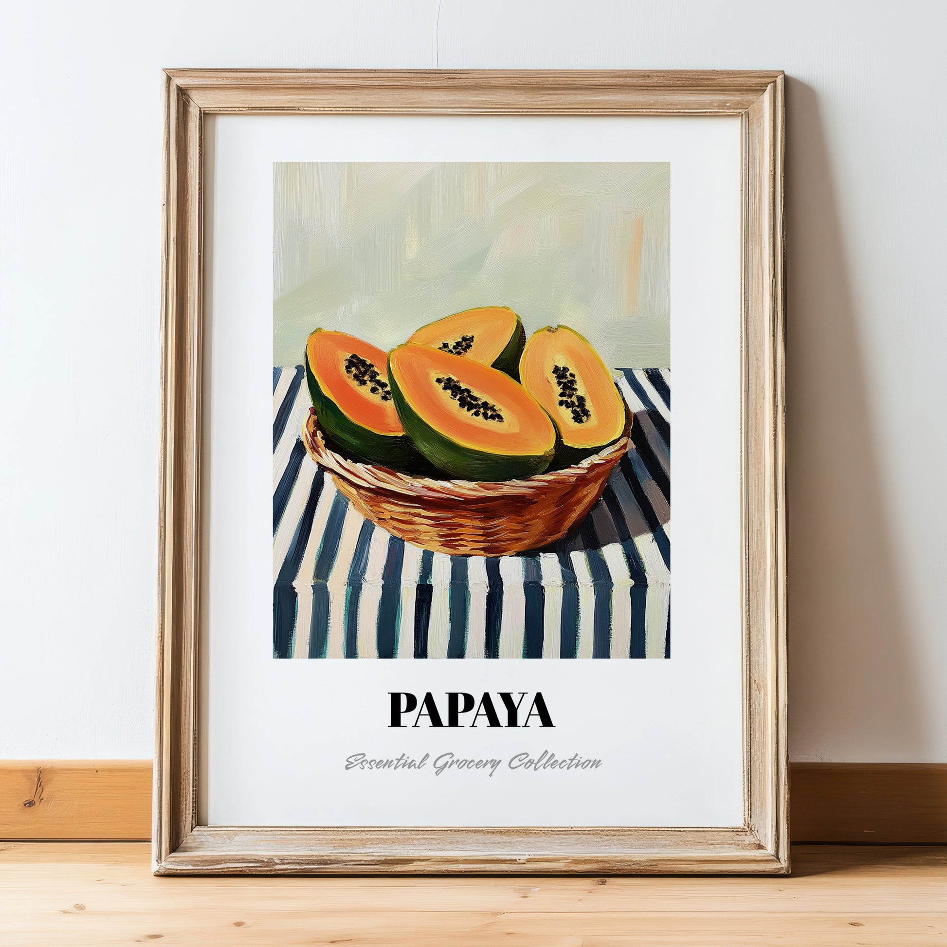 Papaya – on Striped Tablecloth, Fruit Still Life, in wooden frame leaning on the floor