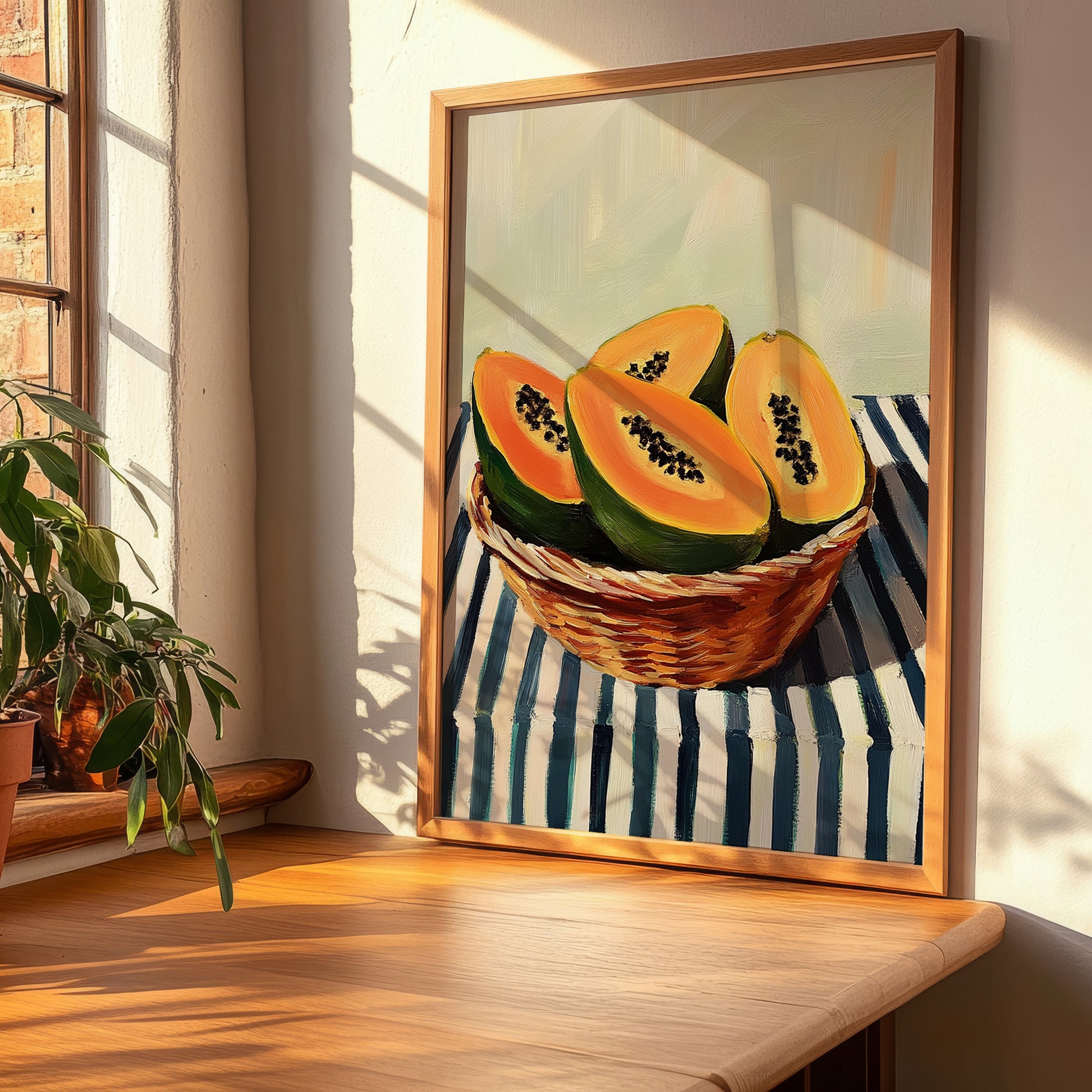 Papaya – on Striped Tablecloth, Fruit Still Life, clean layout with no caption