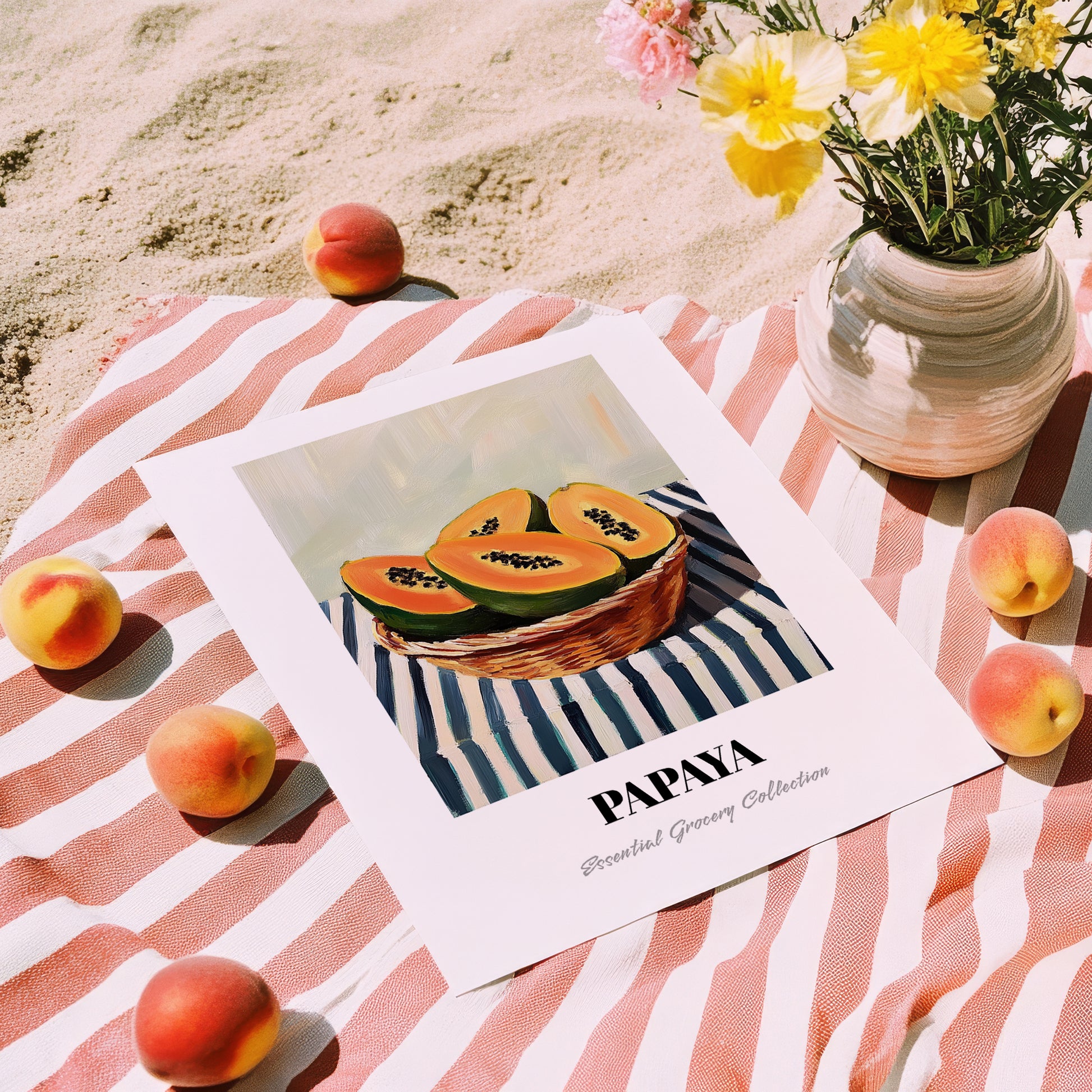 Papaya – on Striped Tablecloth, Fruit Still Life, unframed on coastal sand