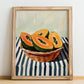 Papaya – on Striped Tablecloth, Fruit Still Life, no-text version framed in wood