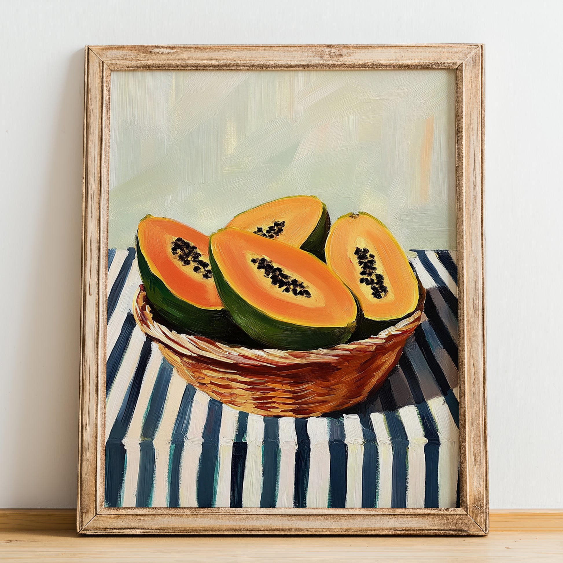 Papaya – on Striped Tablecloth, Fruit Still Life, no-text version framed in wood