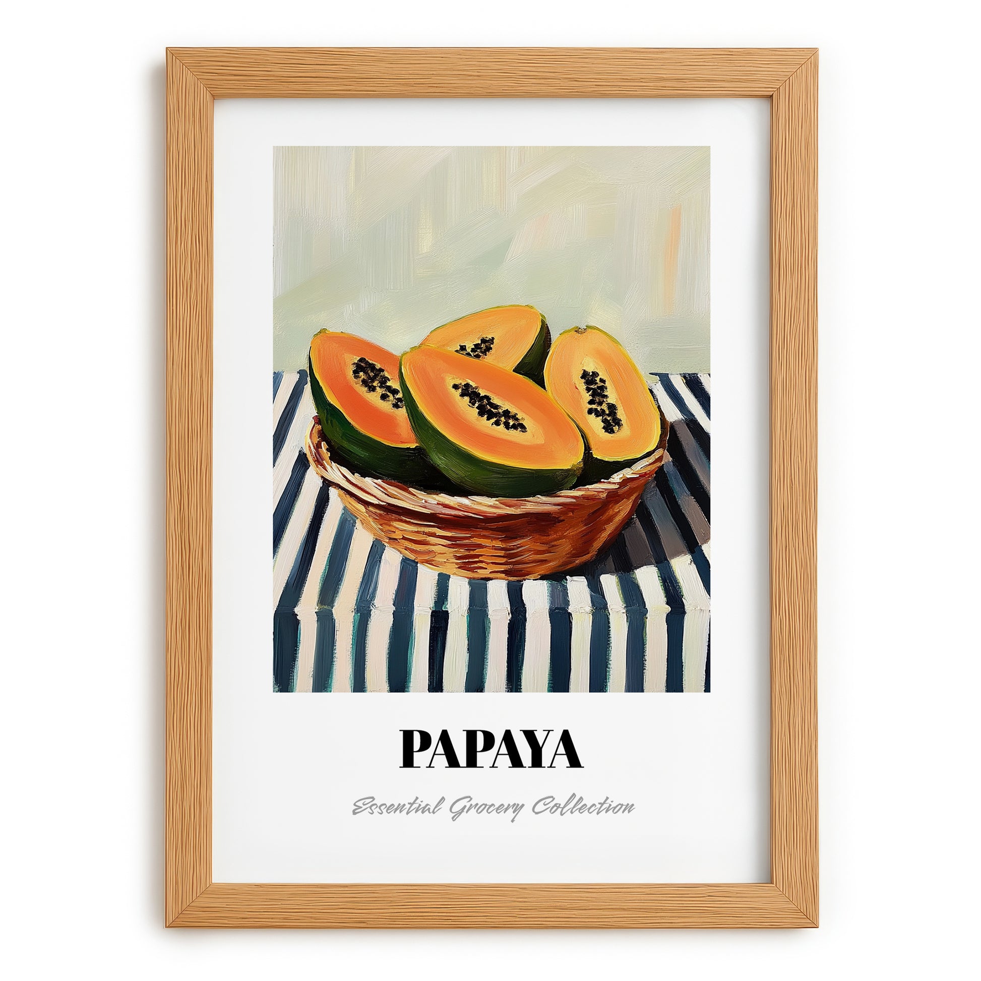 Papaya – on Striped Tablecloth, Fruit Still Life, set in oak frame