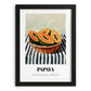 Papaya – on Striped Tablecloth, Fruit Still Life, in sleek black frame