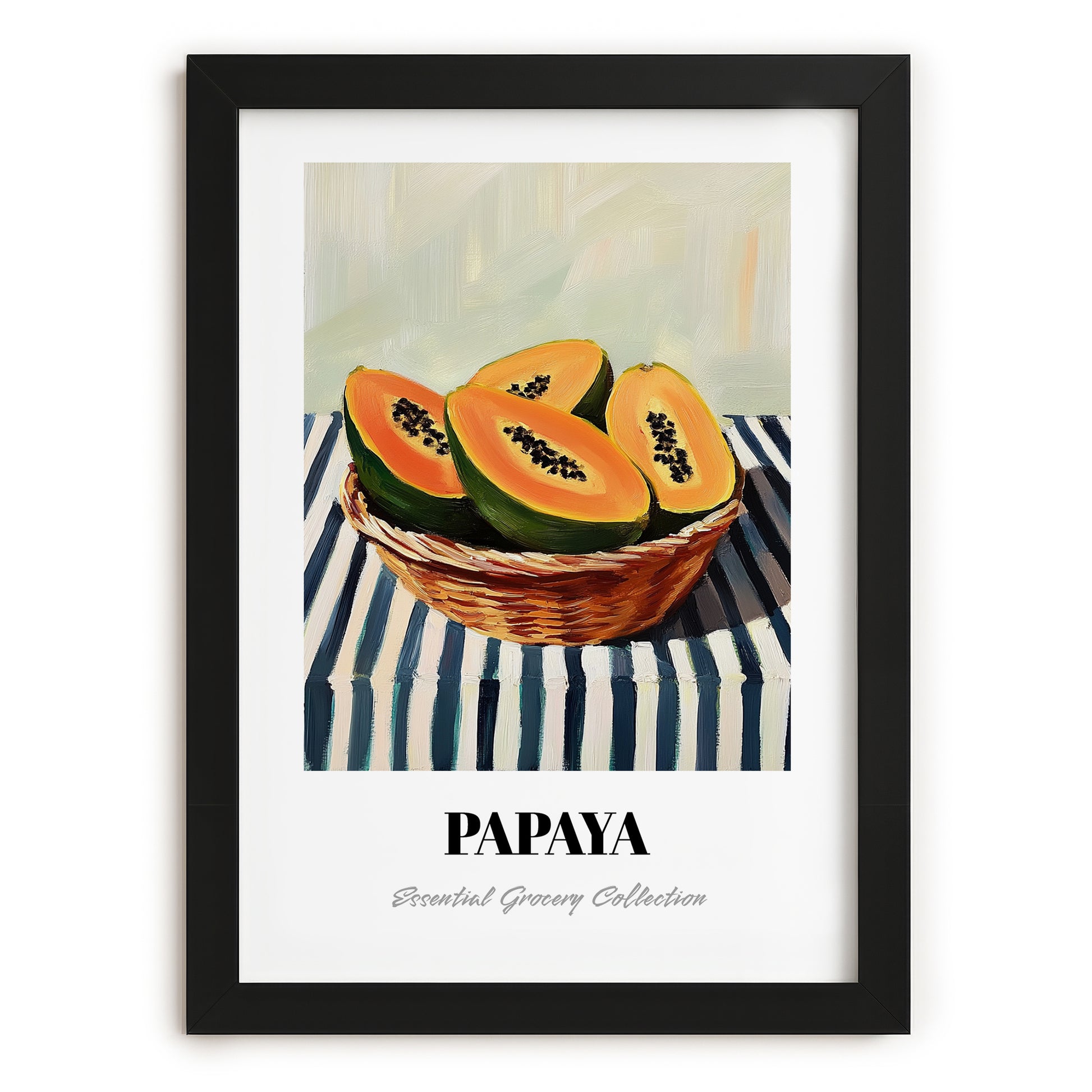 Papaya – on Striped Tablecloth, Fruit Still Life, in sleek black frame