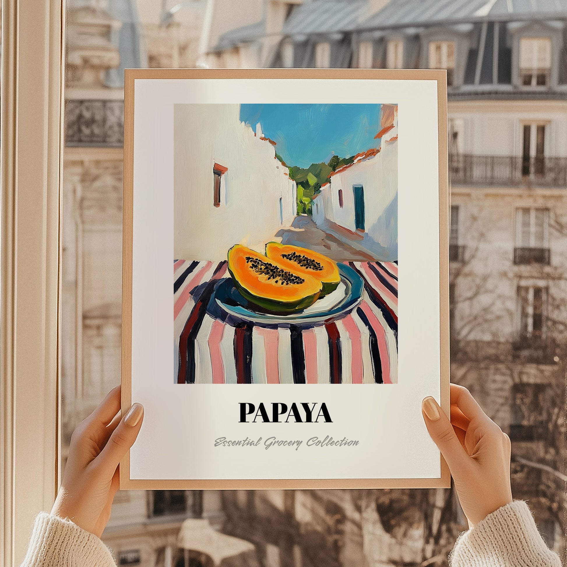 Papaya – White village Street Café Scene, Fruit Poster, styled in a charming Paris street view