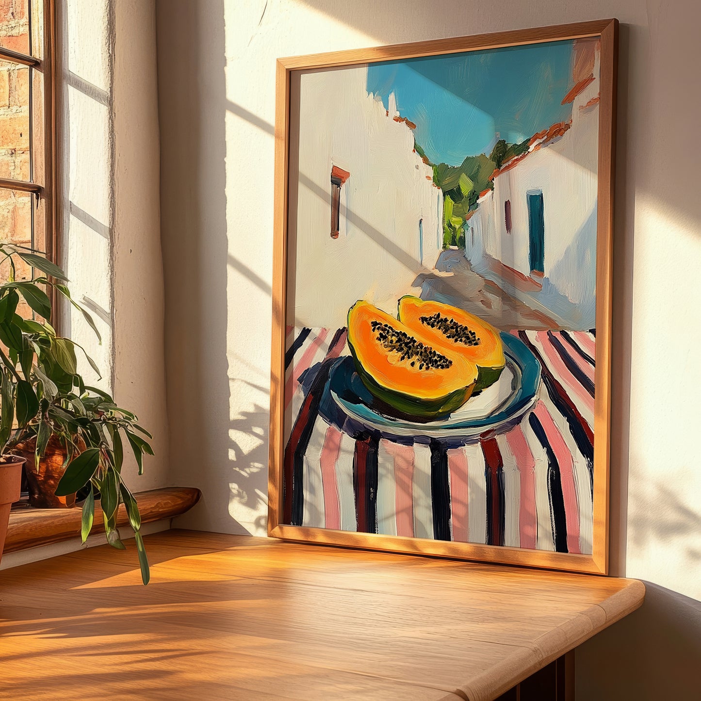 Papaya – White village Street Café Scene, Fruit Poster, clean layout with no caption
