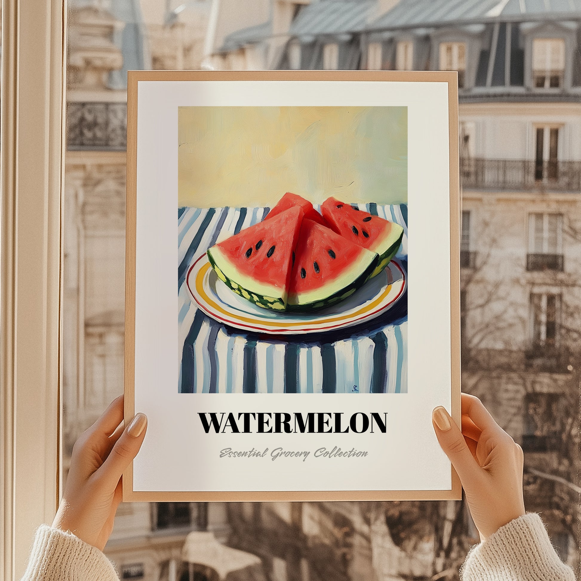 Watermelon – on Striped Tablecloth, Fruit Wall Decor, styled in a charming Paris street view