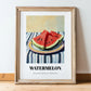 Watermelon – on Striped Tablecloth, Fruit Wall Decor, in wooden frame leaning on the floor
