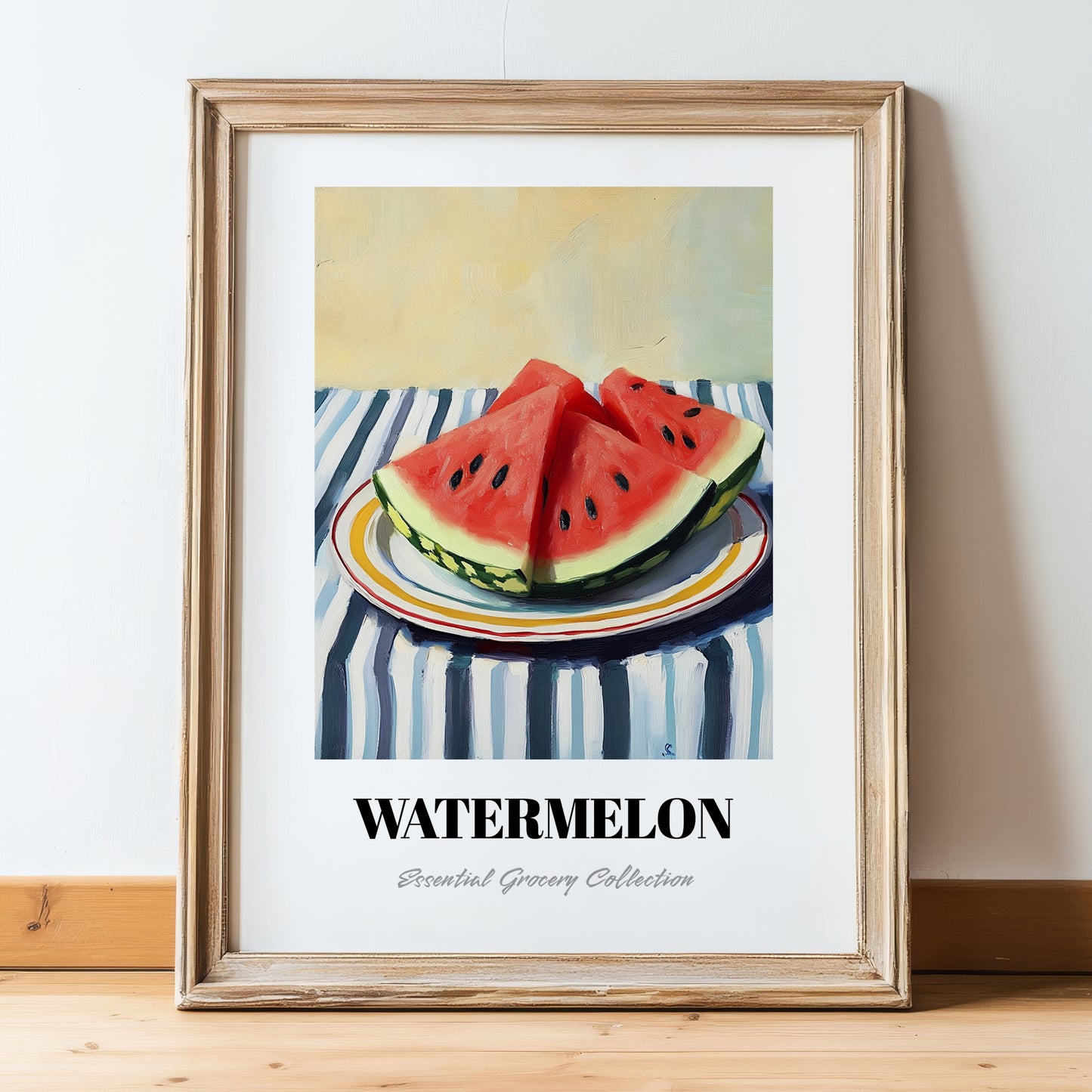 Watermelon – on Striped Tablecloth, Fruit Wall Decor, in wooden frame leaning on the floor