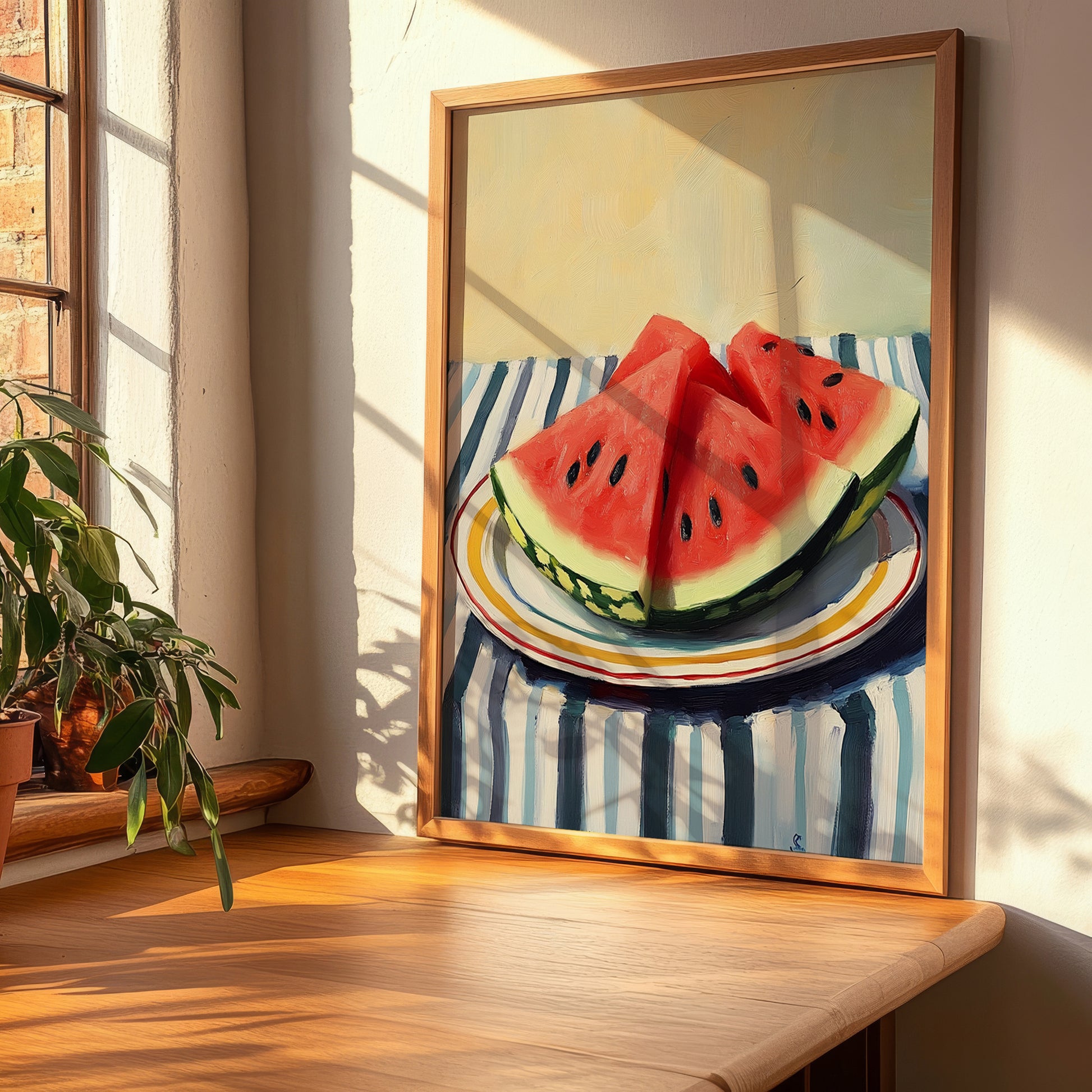 Watermelon – on Striped Tablecloth, Fruit Wall Decor, clean layout with no caption