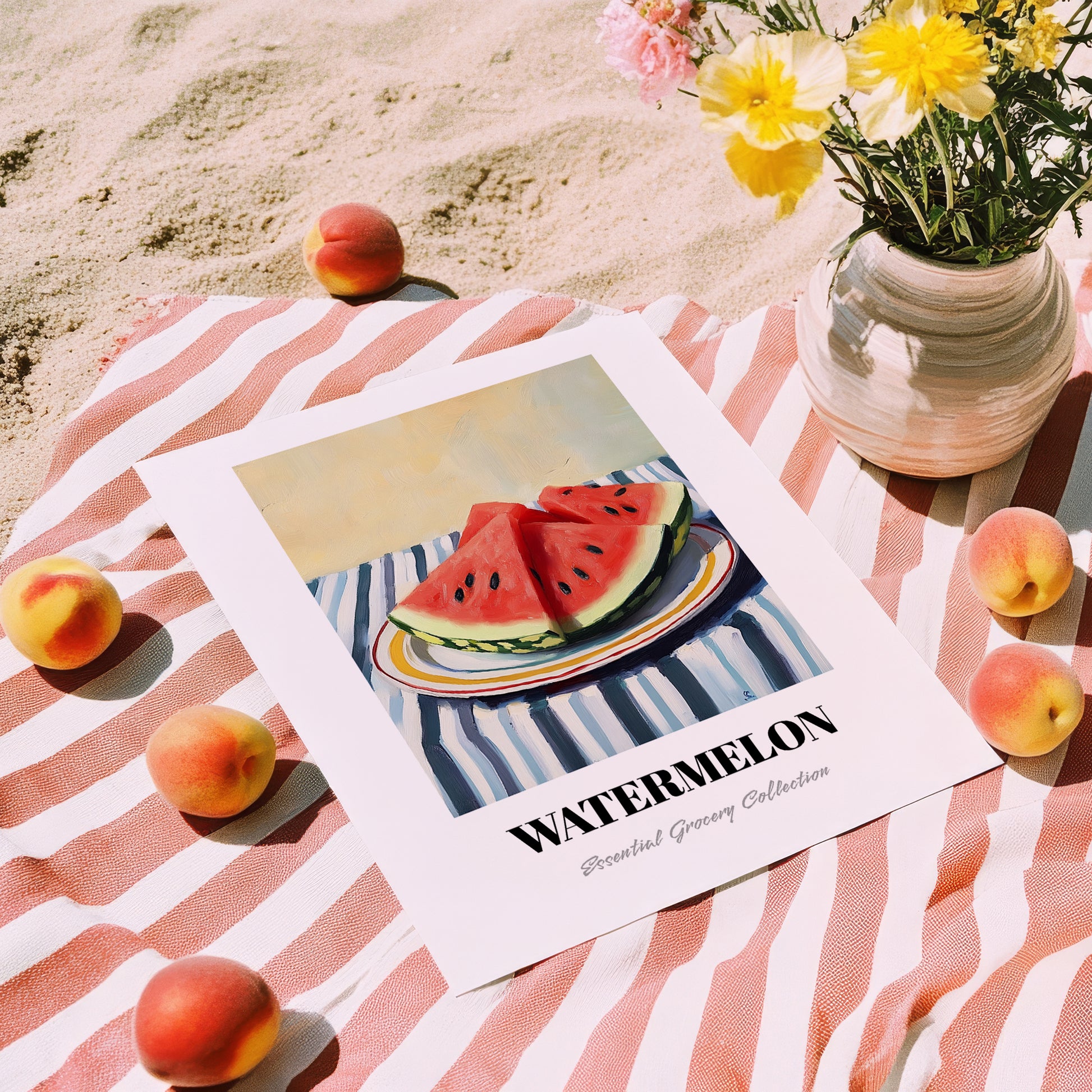 Watermelon – on Striped Tablecloth, Fruit Wall Decor, unframed on coastal sand