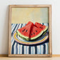 Watermelon – on Striped Tablecloth, Fruit Wall Decor, no-text version framed in wood