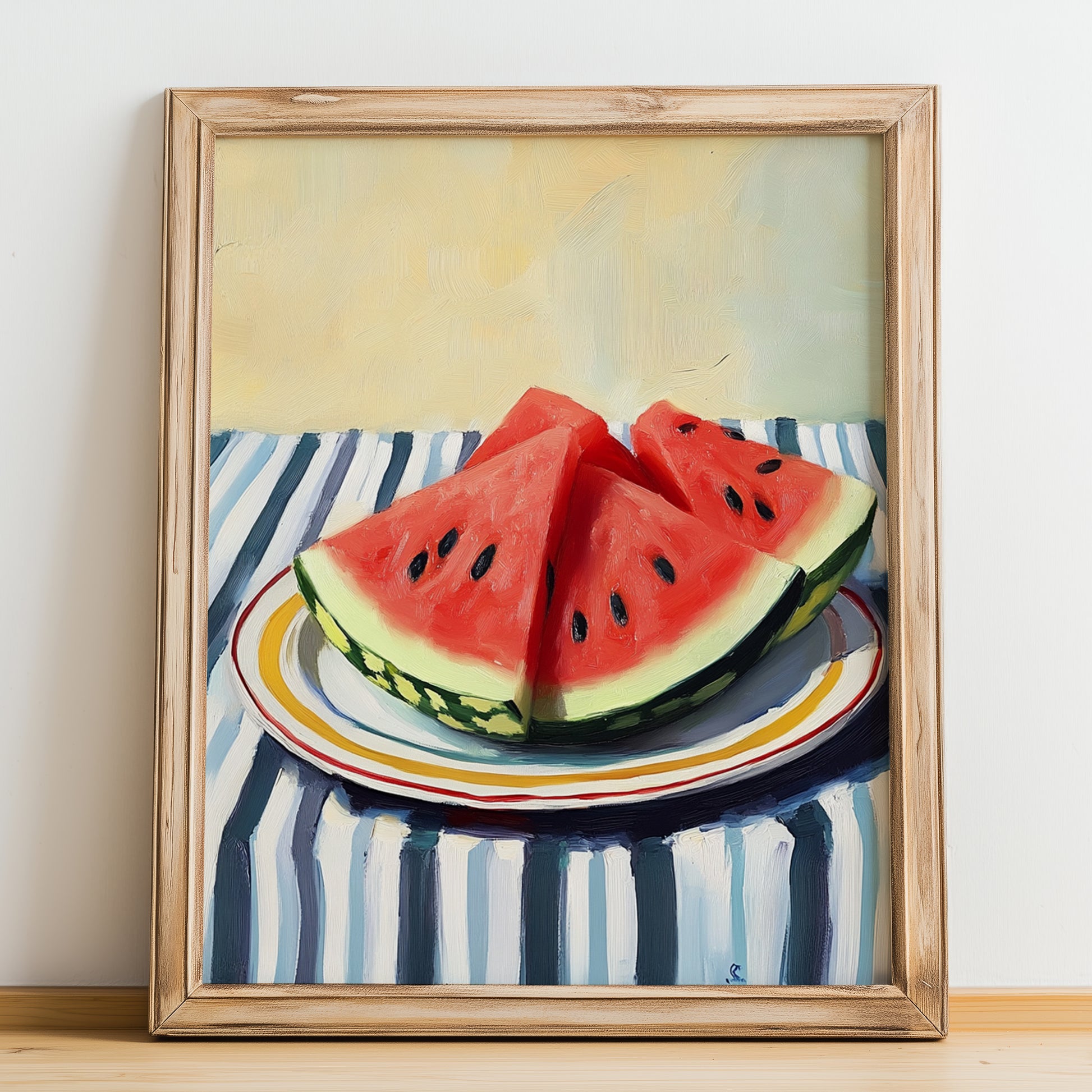 Watermelon – on Striped Tablecloth, Fruit Wall Decor, no-text version framed in wood