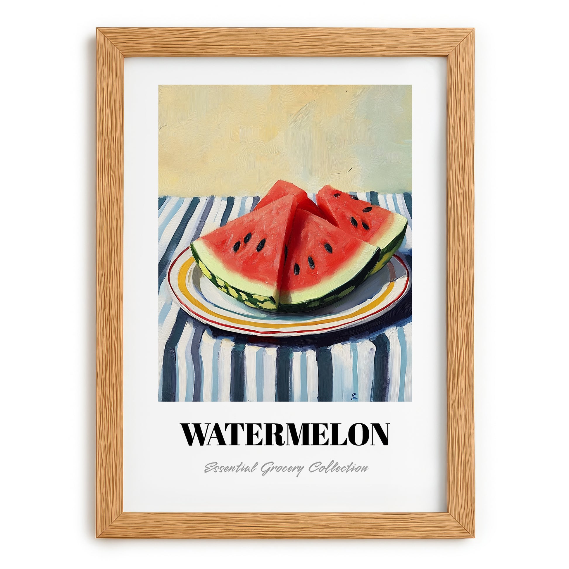 Watermelon – on Striped Tablecloth, Fruit Wall Decor, set in oak frame