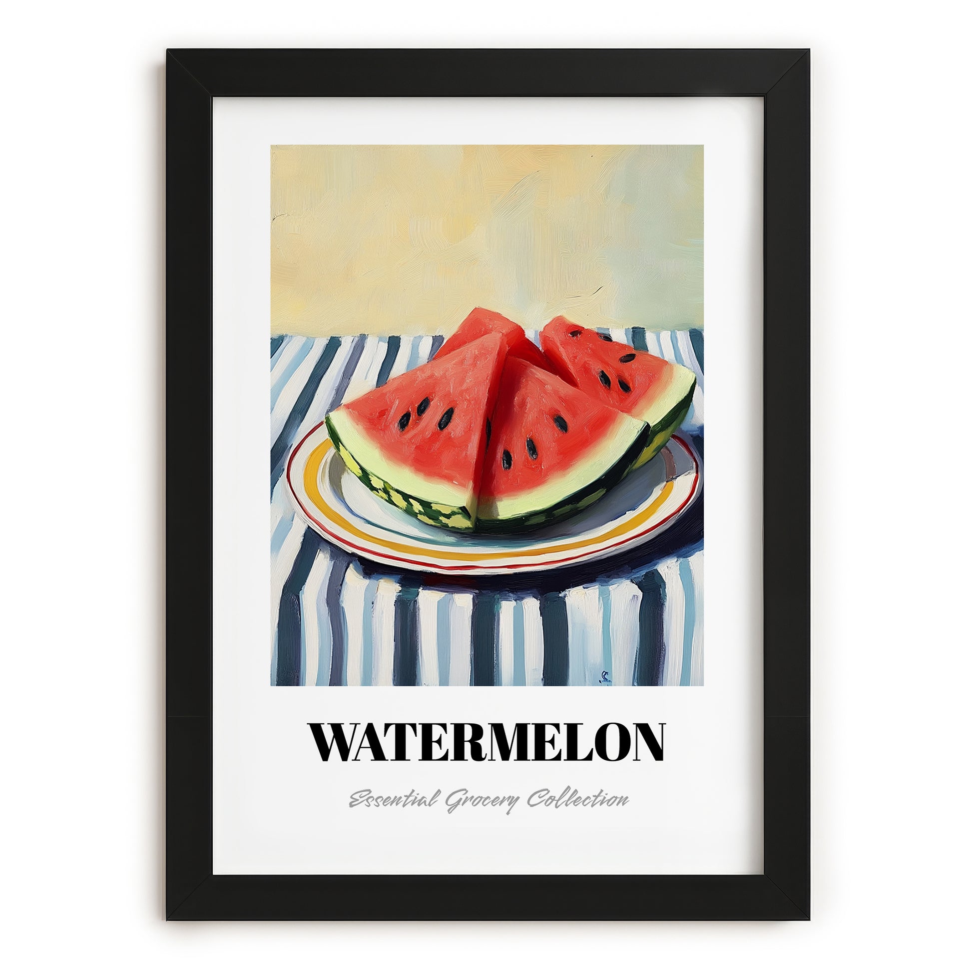Watermelon – on Striped Tablecloth, Fruit Wall Decor, in sleek black frame