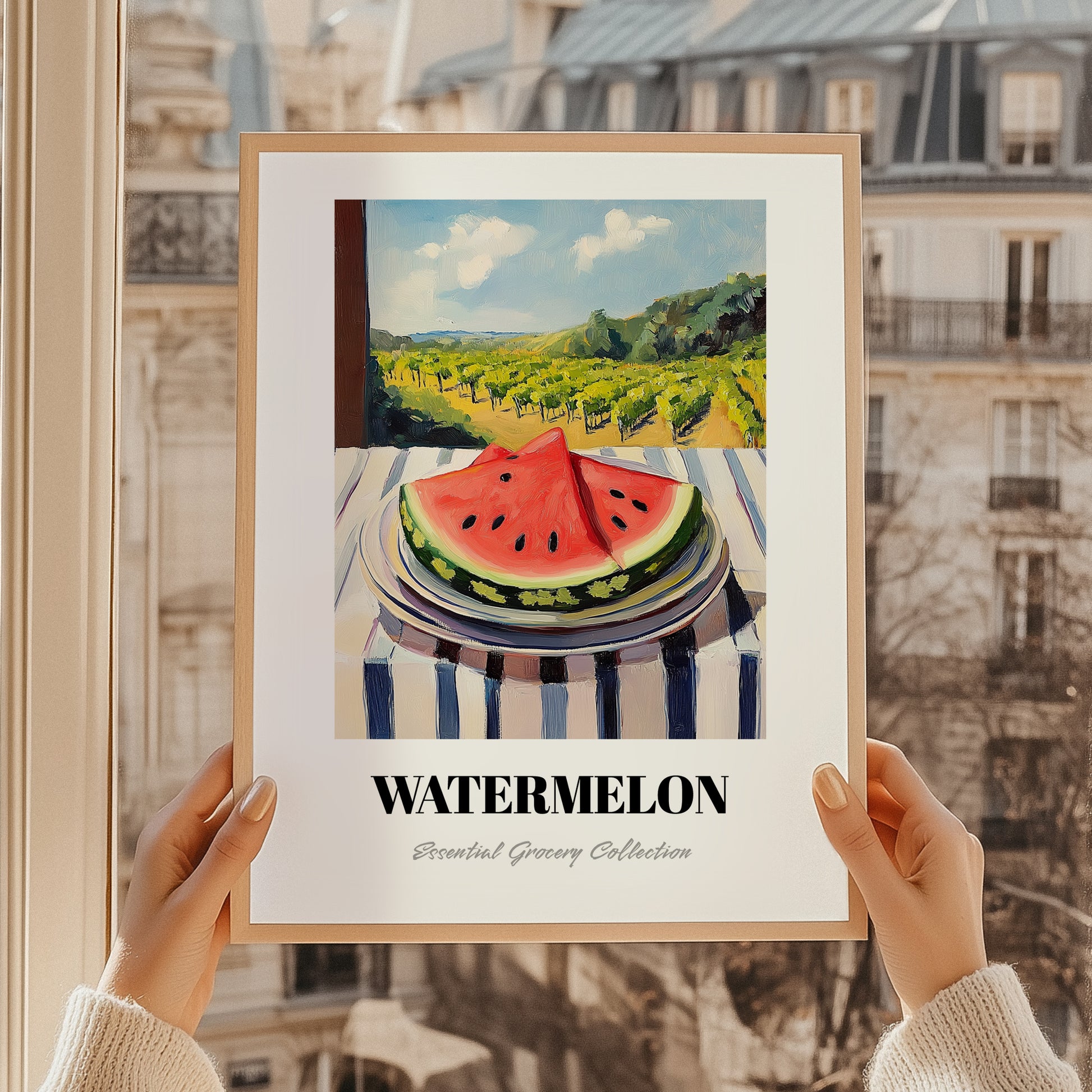 Watermelon – Green Valley Landscape, Fruit Still Life, styled in a charming Paris street view