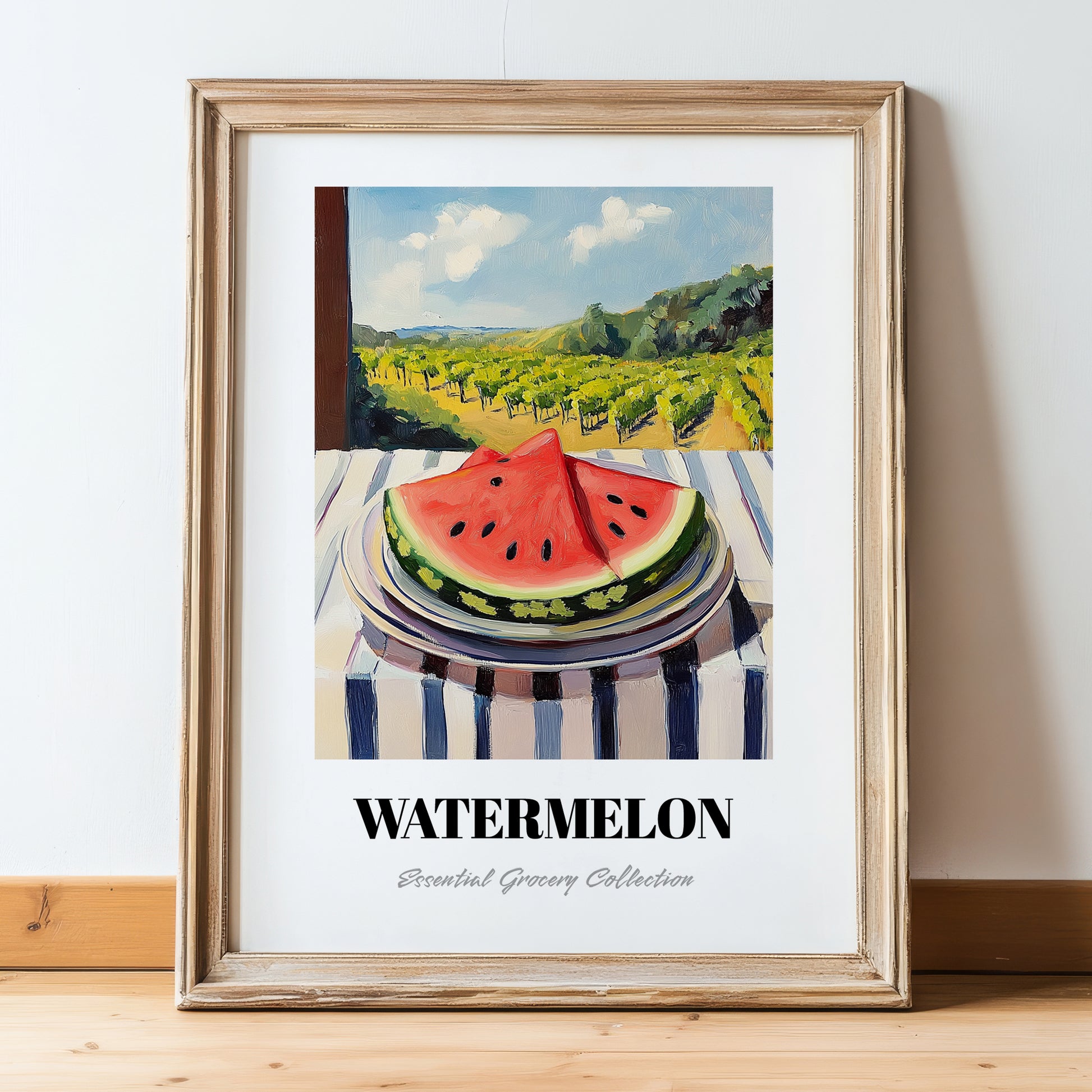 Watermelon – Green Valley Landscape, Fruit Still Life, in wooden frame leaning on the floor
