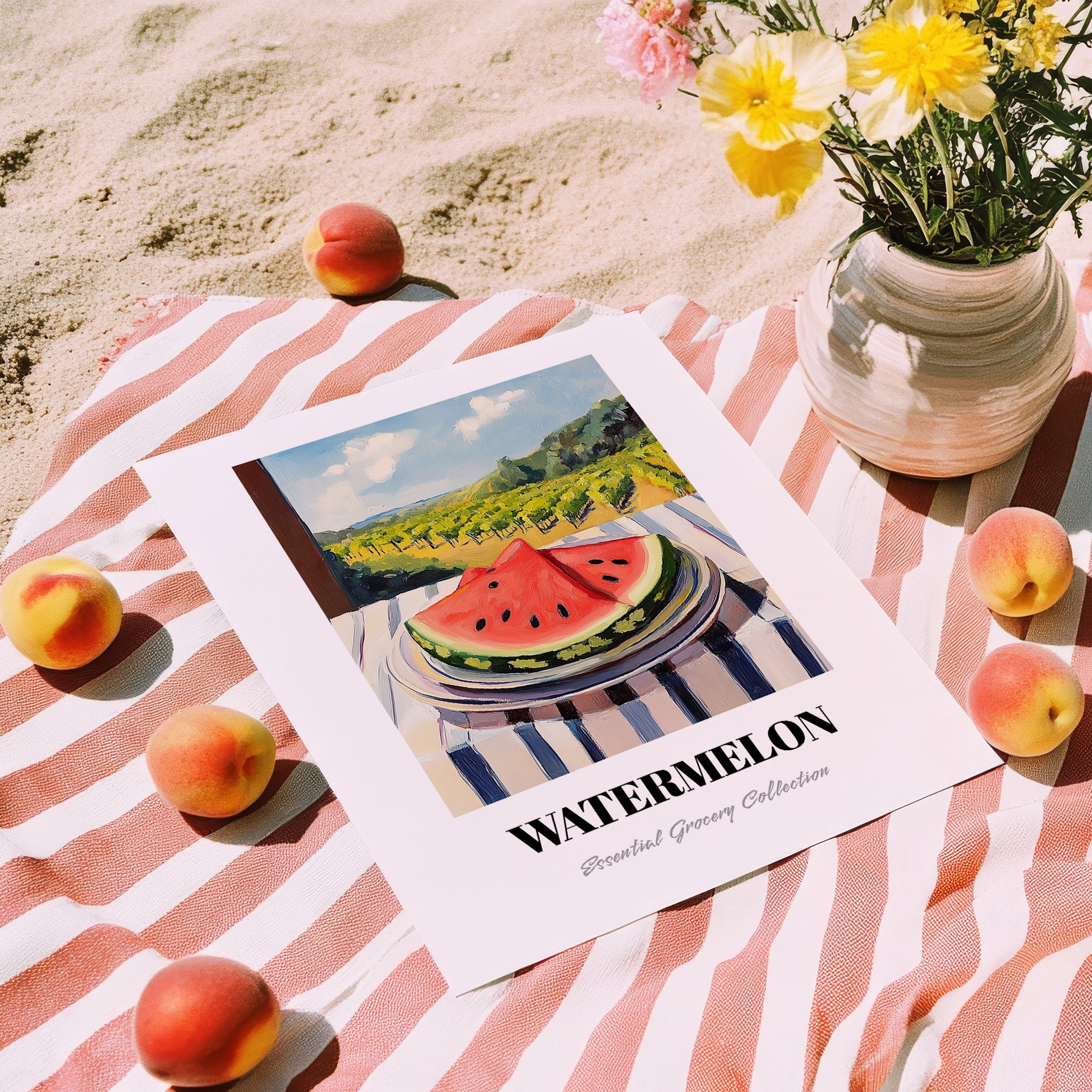 Watermelon – Green Valley Landscape, Fruit Still Life, unframed on coastal sand