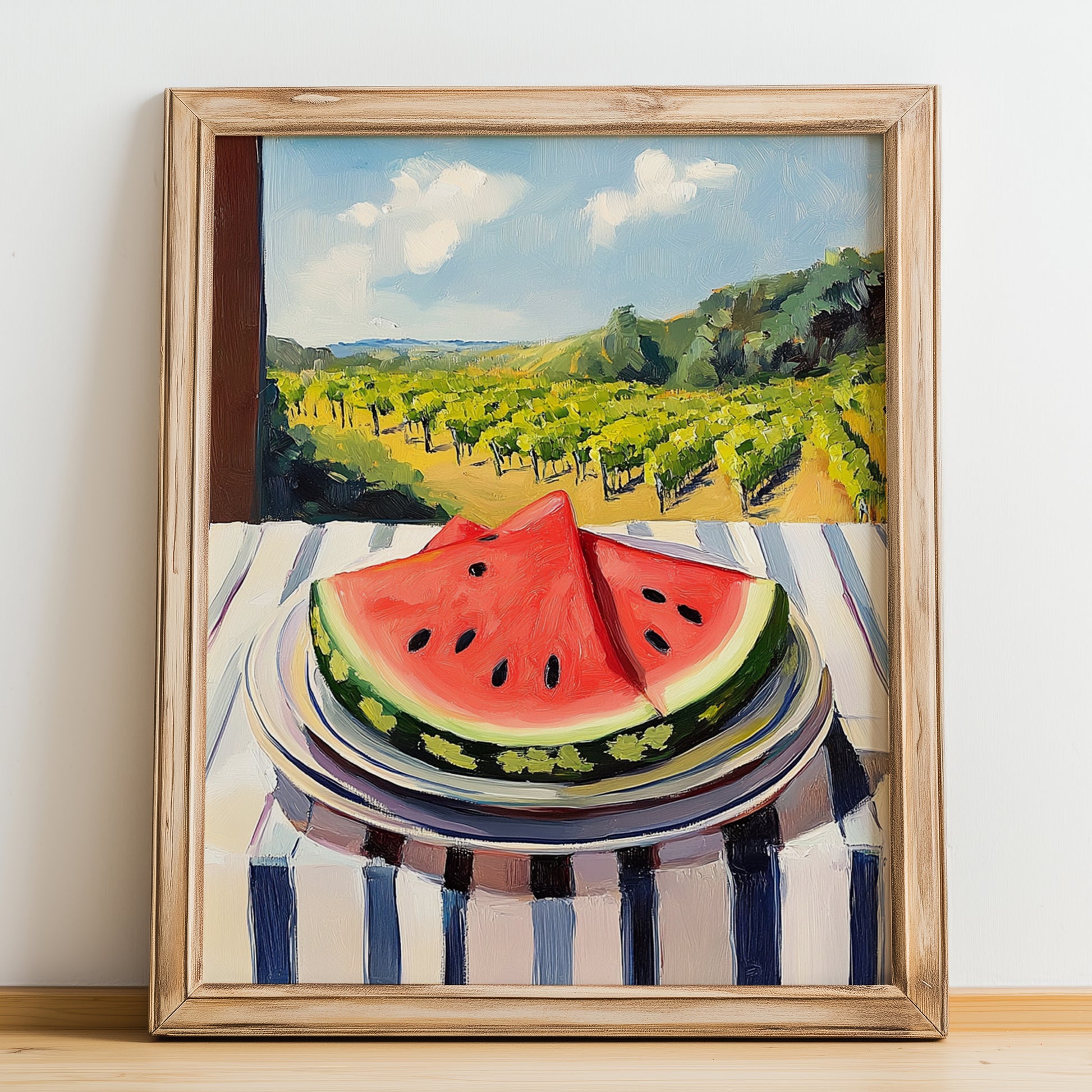 Watermelon – Green Valley Landscape, Fruit Still Life, no-text version framed in wood