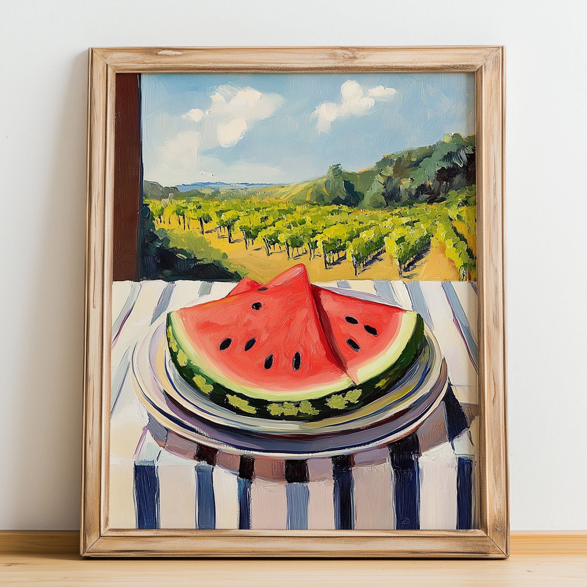 Watermelon – Green Valley Landscape, Fruit Still Life, no-text version framed in wood