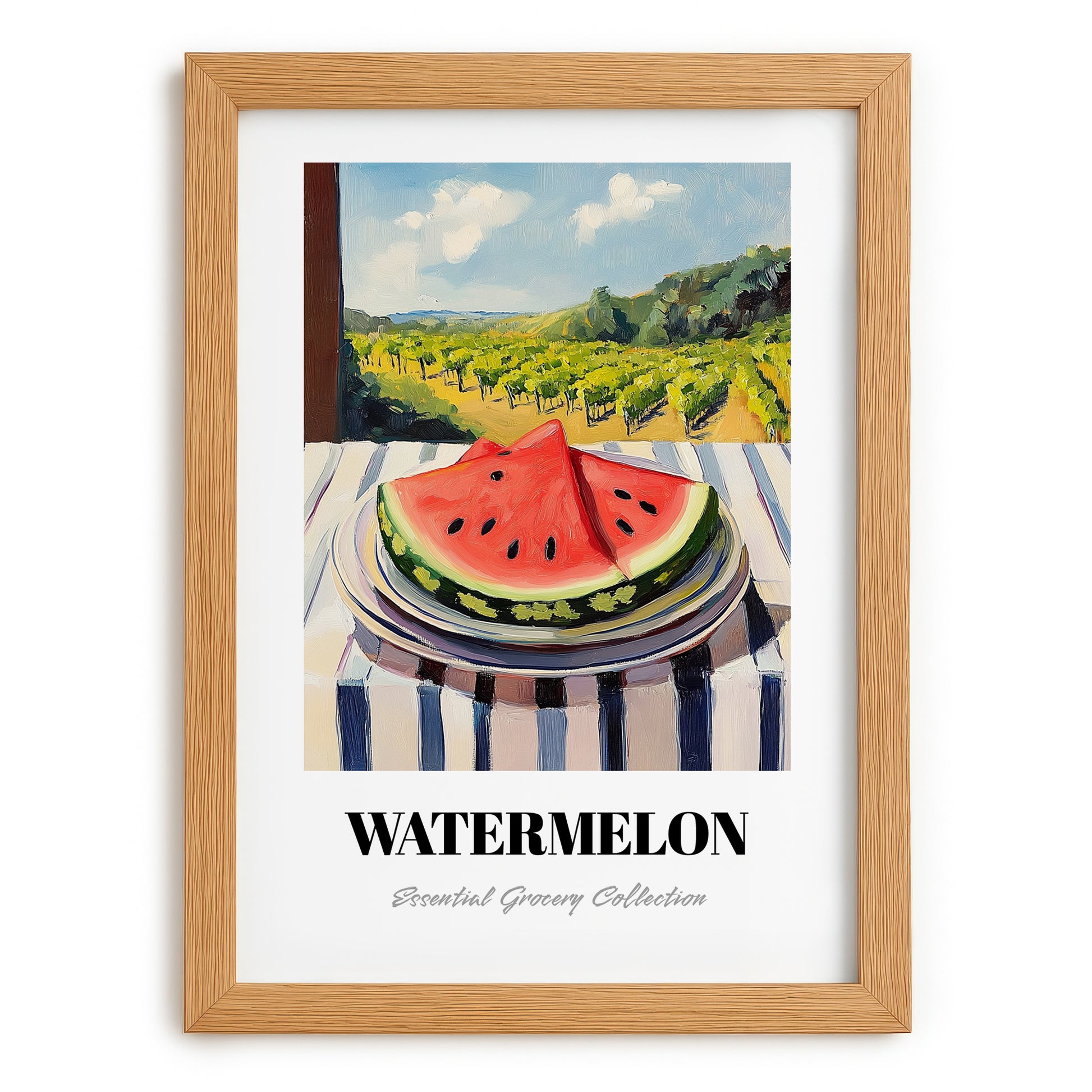 Watermelon – Green Valley Landscape, Fruit Still Life, set in oak frame