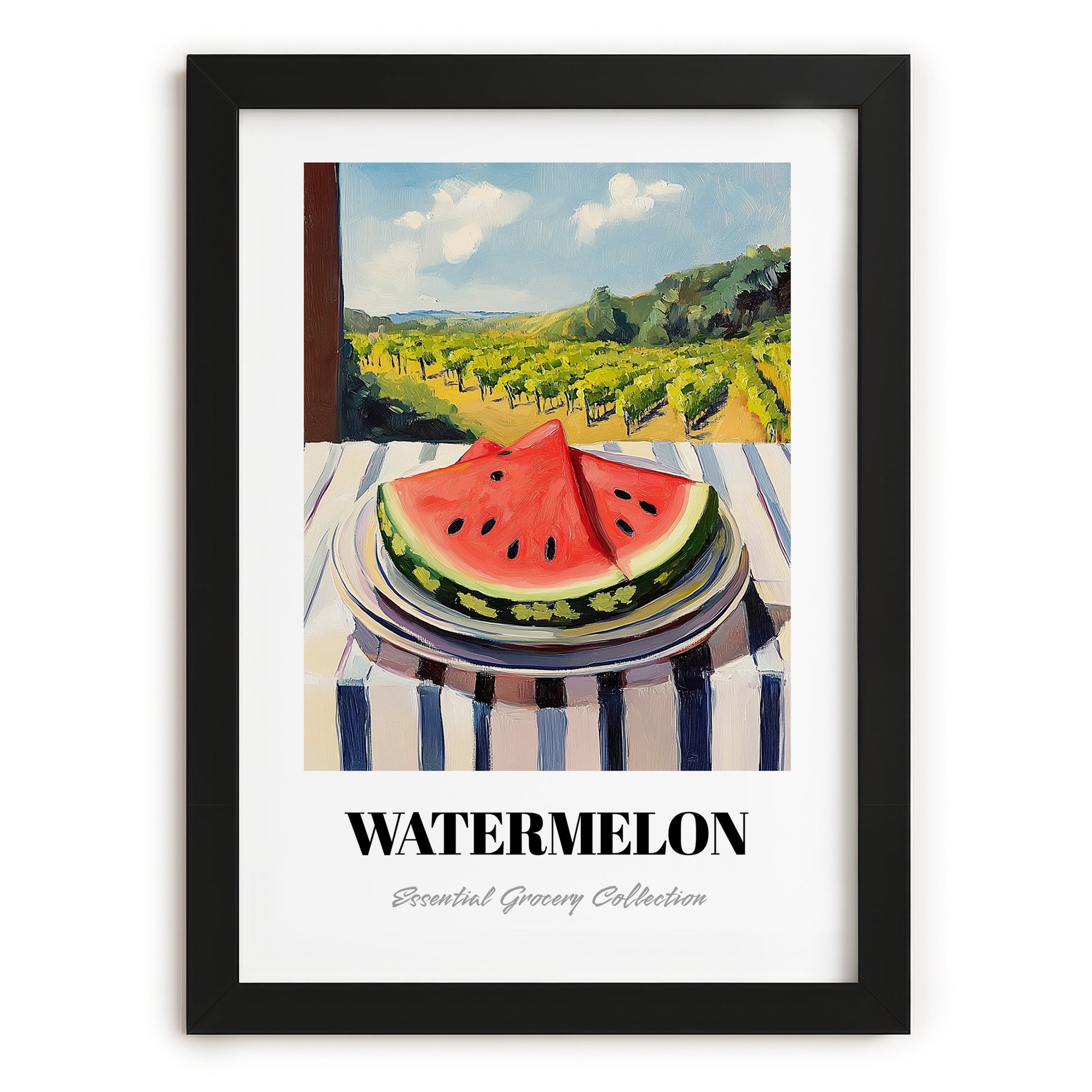 Watermelon – Green Valley Landscape, Fruit Still Life, in sleek black frame