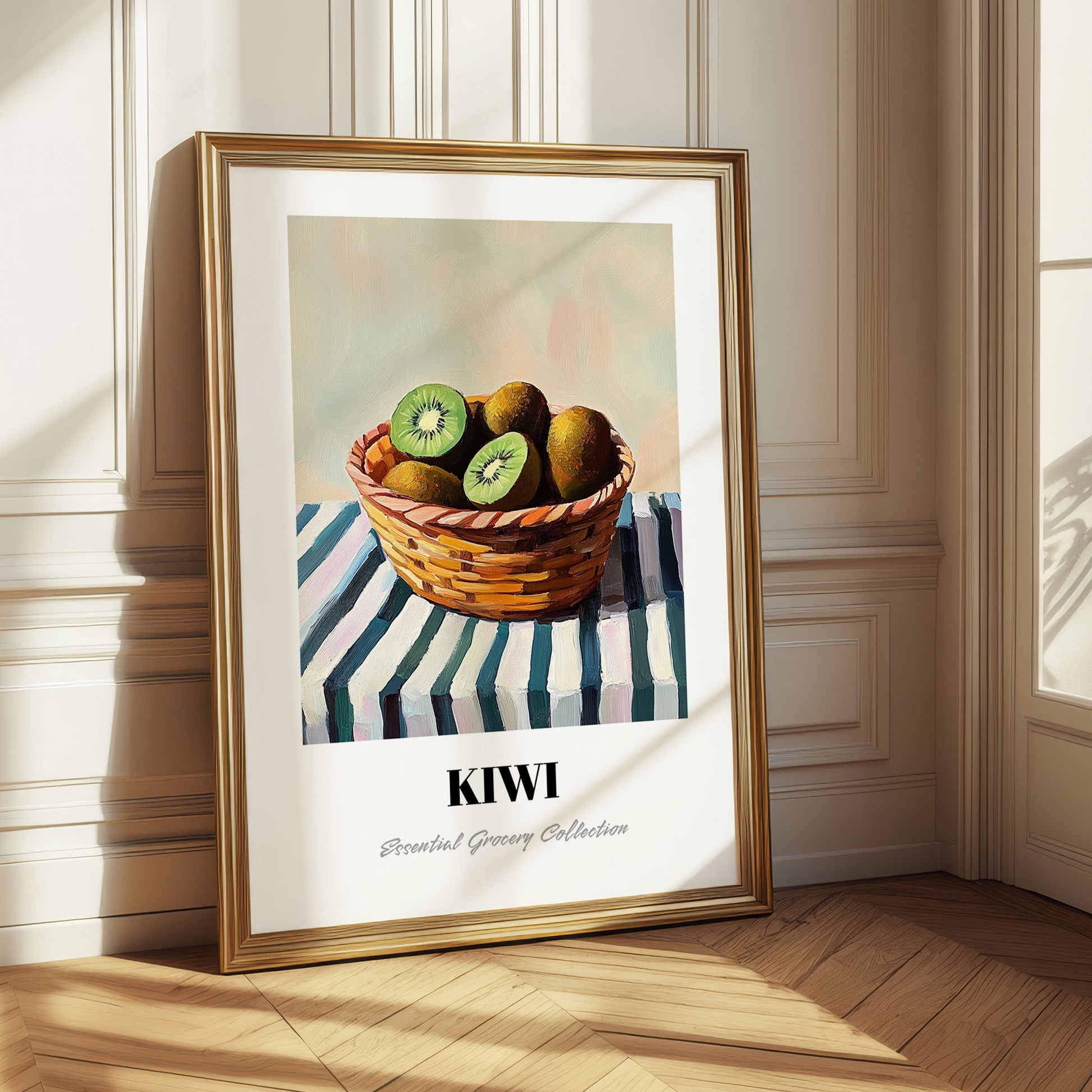 Kiwi – on Striped Tablecloth, Fruit Illustration