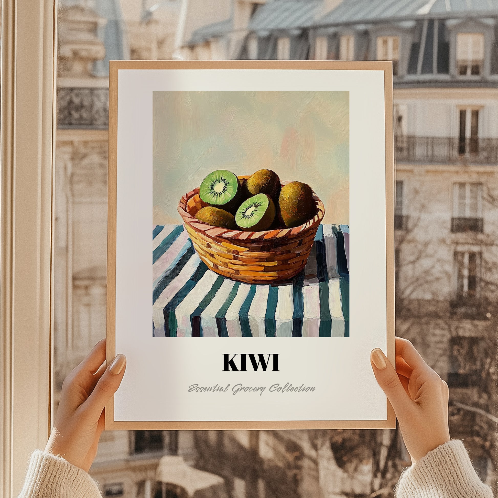 Kiwi – on Striped Tablecloth, Fruit Illustration, styled in a charming Paris street view